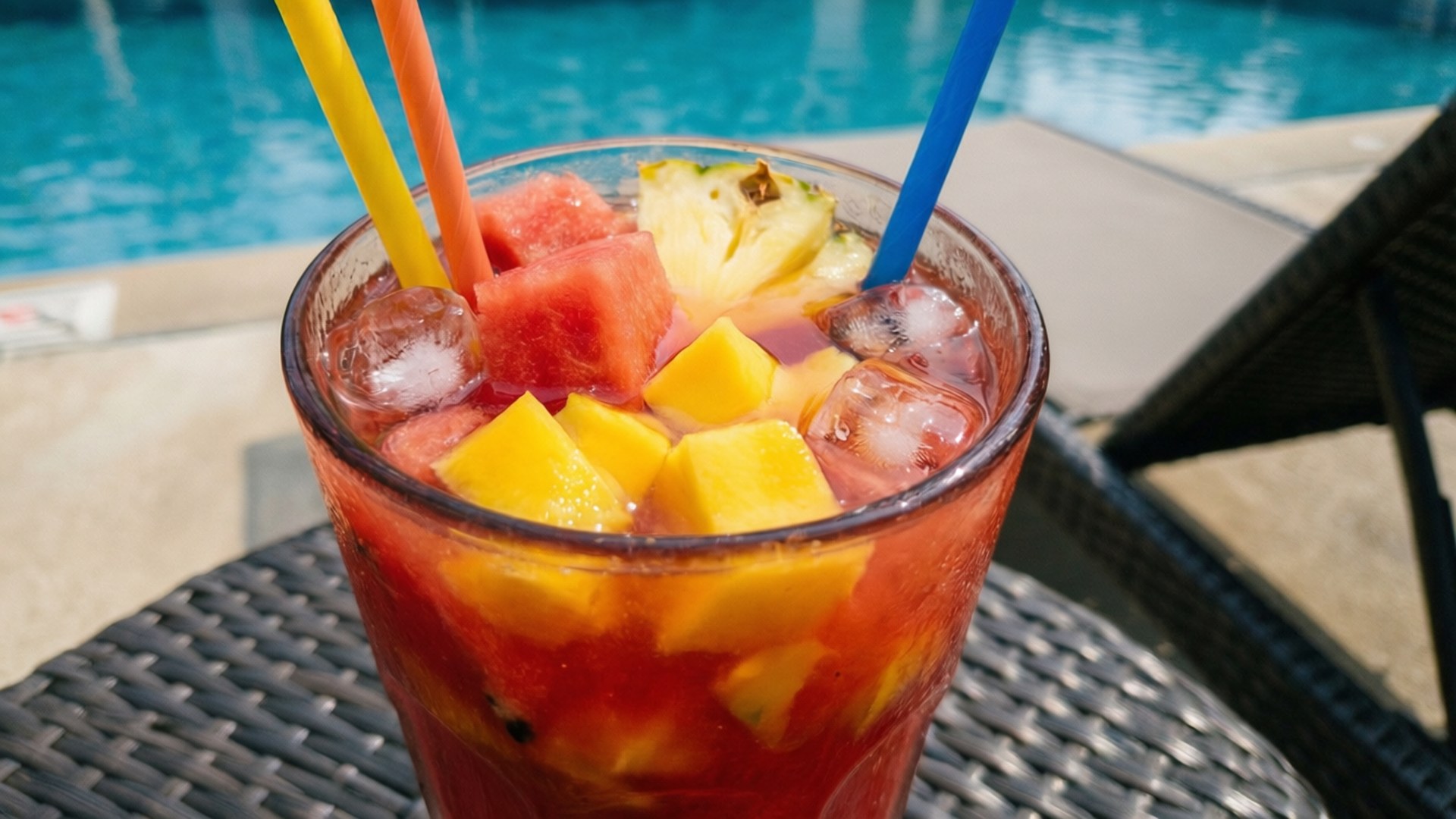 Poolside Punch 壁紙 — 一杯充滿活力的熱帶水果雞尾酒，包含西瓜、芒果和菠蘿塊，放在泳池邊的桌子上，配有三根彩色吸管。
