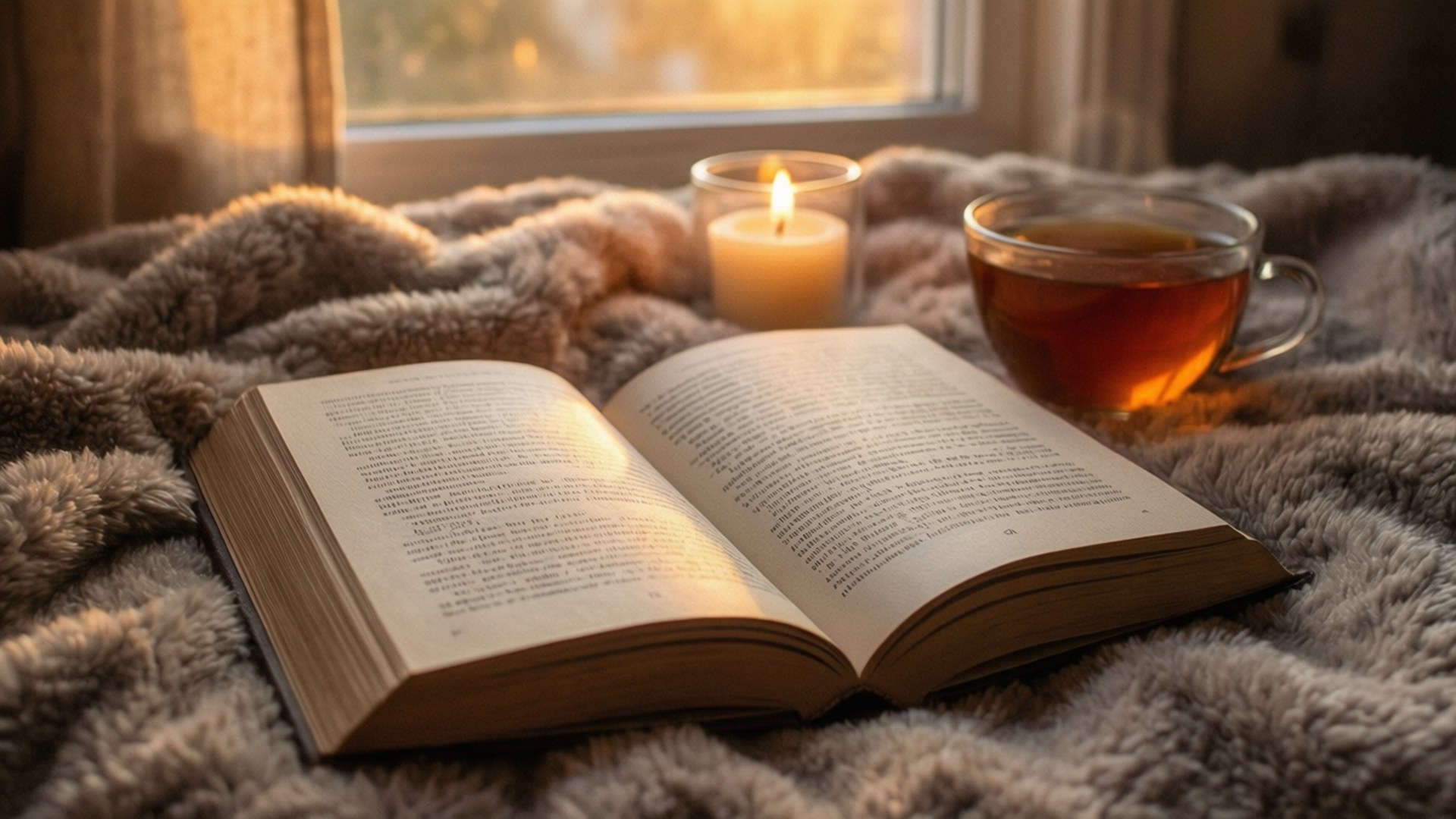 窗邊毛絨毯子上有書、蠟燭和茶的舒適閱讀角落