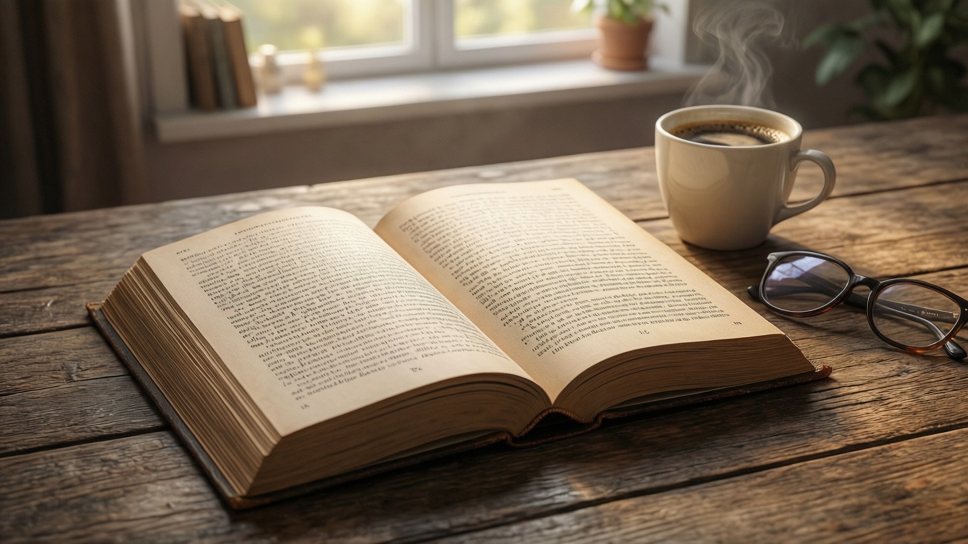 桌布 壁紙 — 一本打開的書和冒著蒸汽的咖啡杯放在陽光普照的窗邊，旁邊有植物的質樸木桌上。