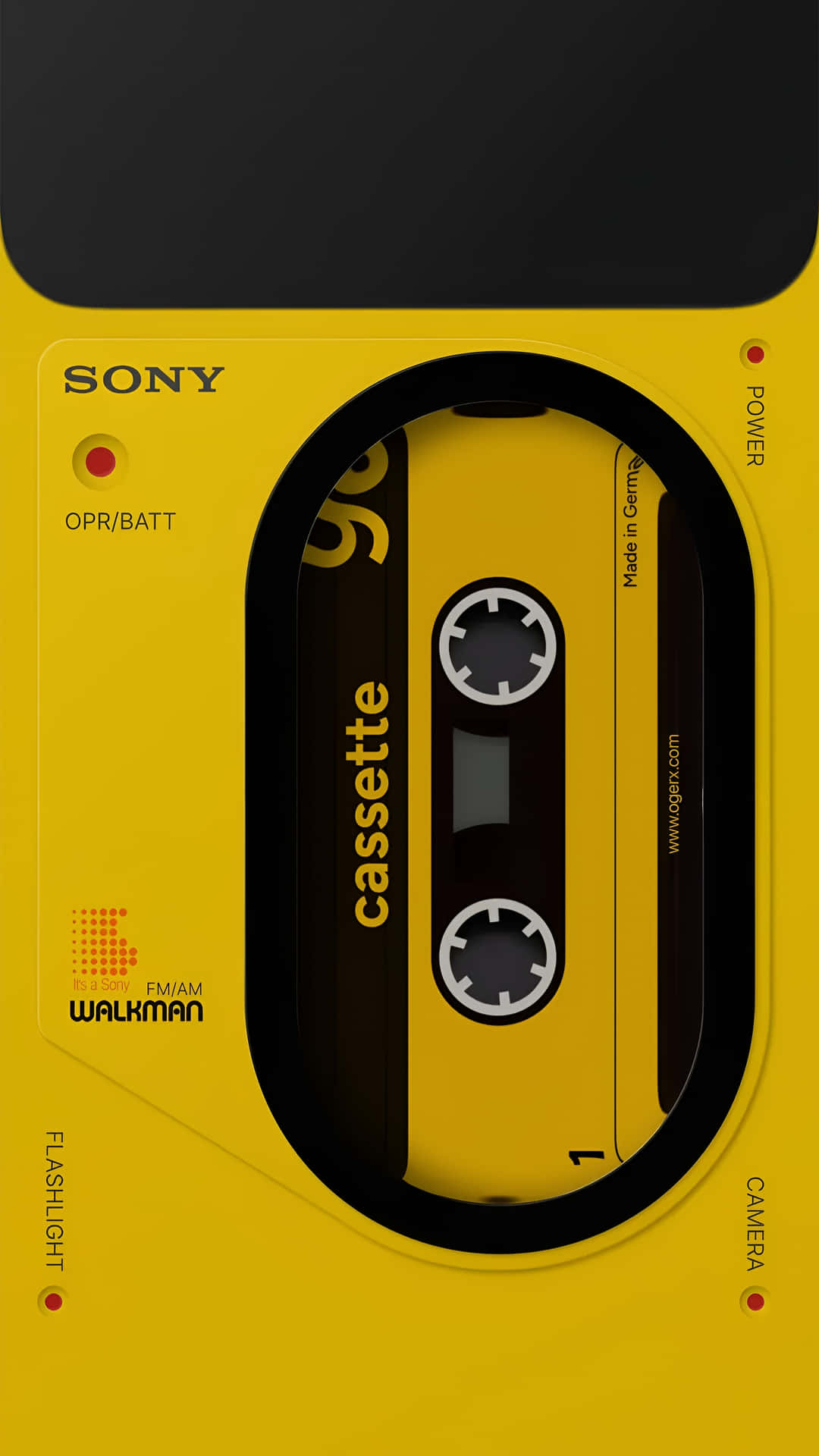  壁紙 — 一部充滿活力的黃色Sony Walkman，卡式錄音帶位於其標誌性設計的中心。
