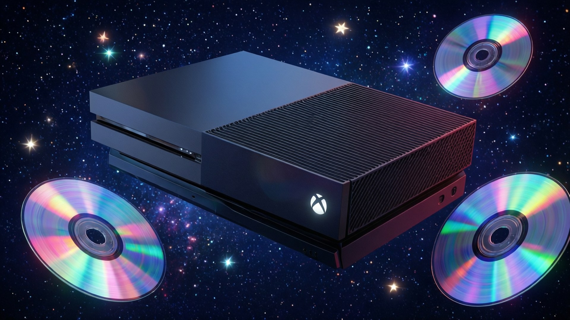黑色Xbox One主機與發光光碟漂浮在星光燦爛的太空背景中。