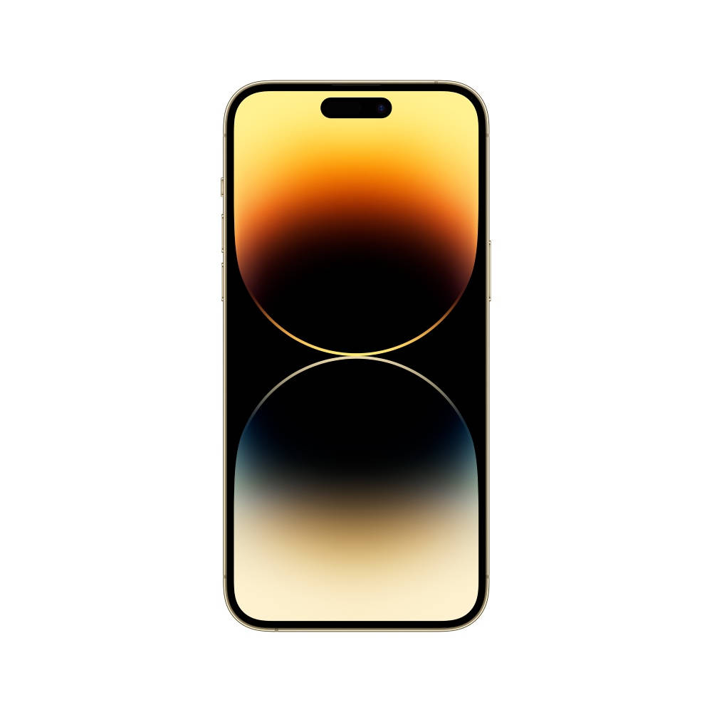 金色iPhone，帶有橙色和藍色圓圈的抽象漸變壁紙。