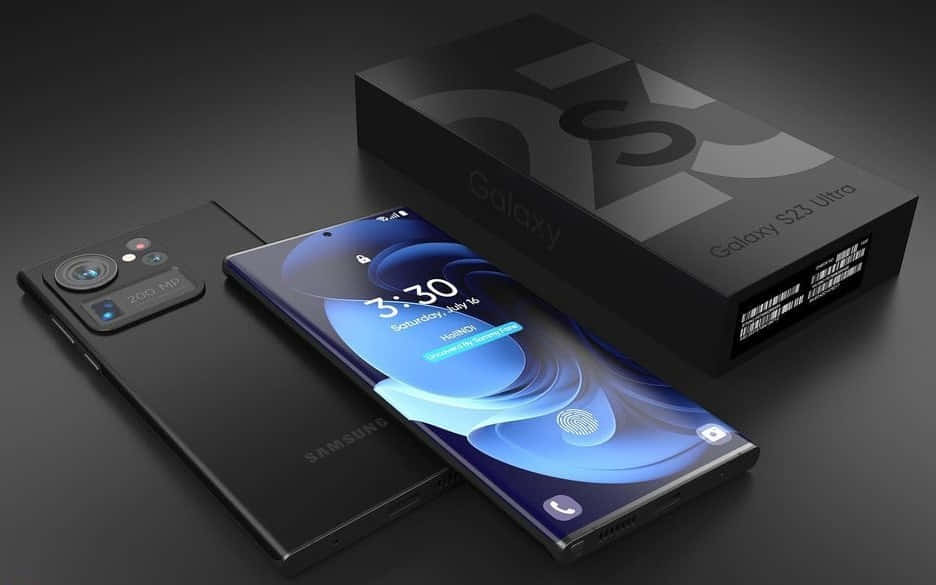 Samsung S23 Ultra 桌布 壁紙 — 一部時尚的黑色 Samsung Galaxy S23 Ultra 智能手機，配備曲面屏幕和四鏡頭，與其包裝盒一同放置在深色表面上。