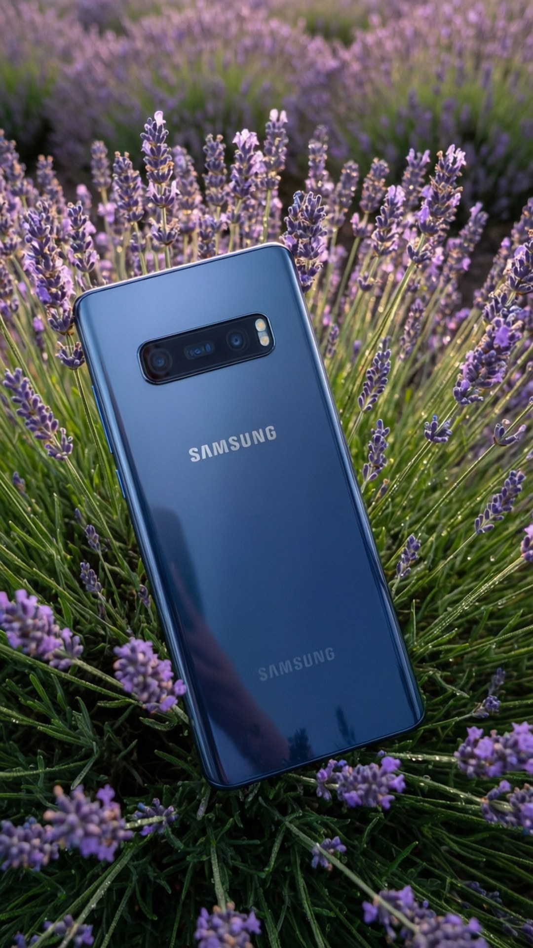 藍色Samsung手機置於紫色薰衣草田