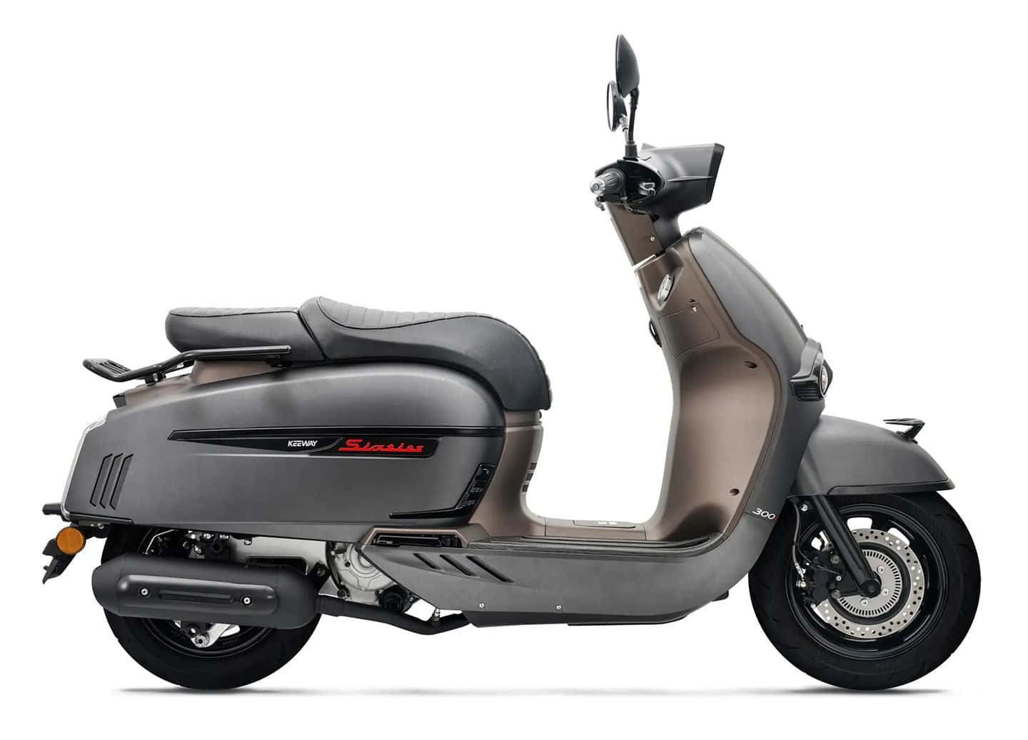  壁紙 — 一部時尚的啞光灰色Kymco Super 300電單車以側面輪廓展示在潔白背景上。