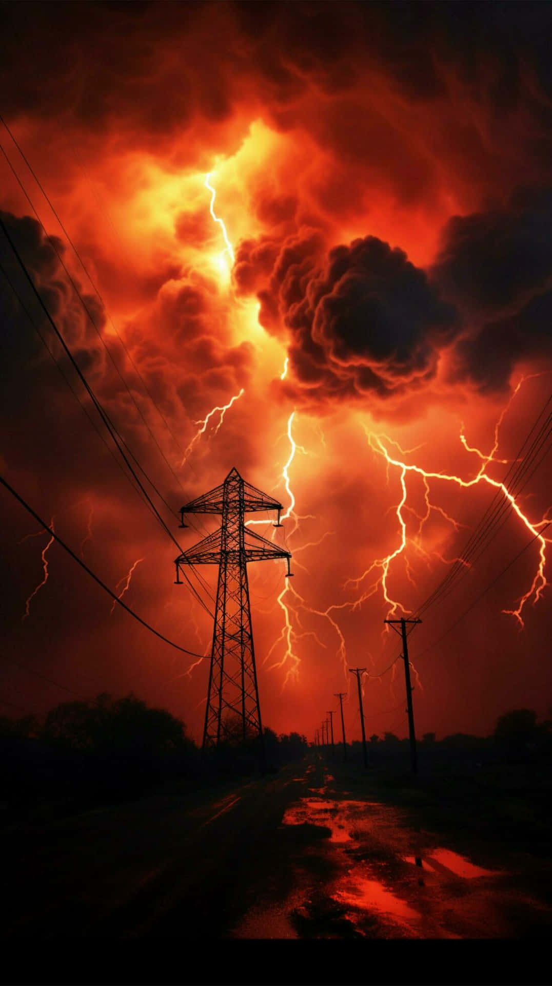  壁紙 — 一場戲劇性的風暴在頭頂肆虐，生動的橙色閃電照亮了電線和下面的濕路。