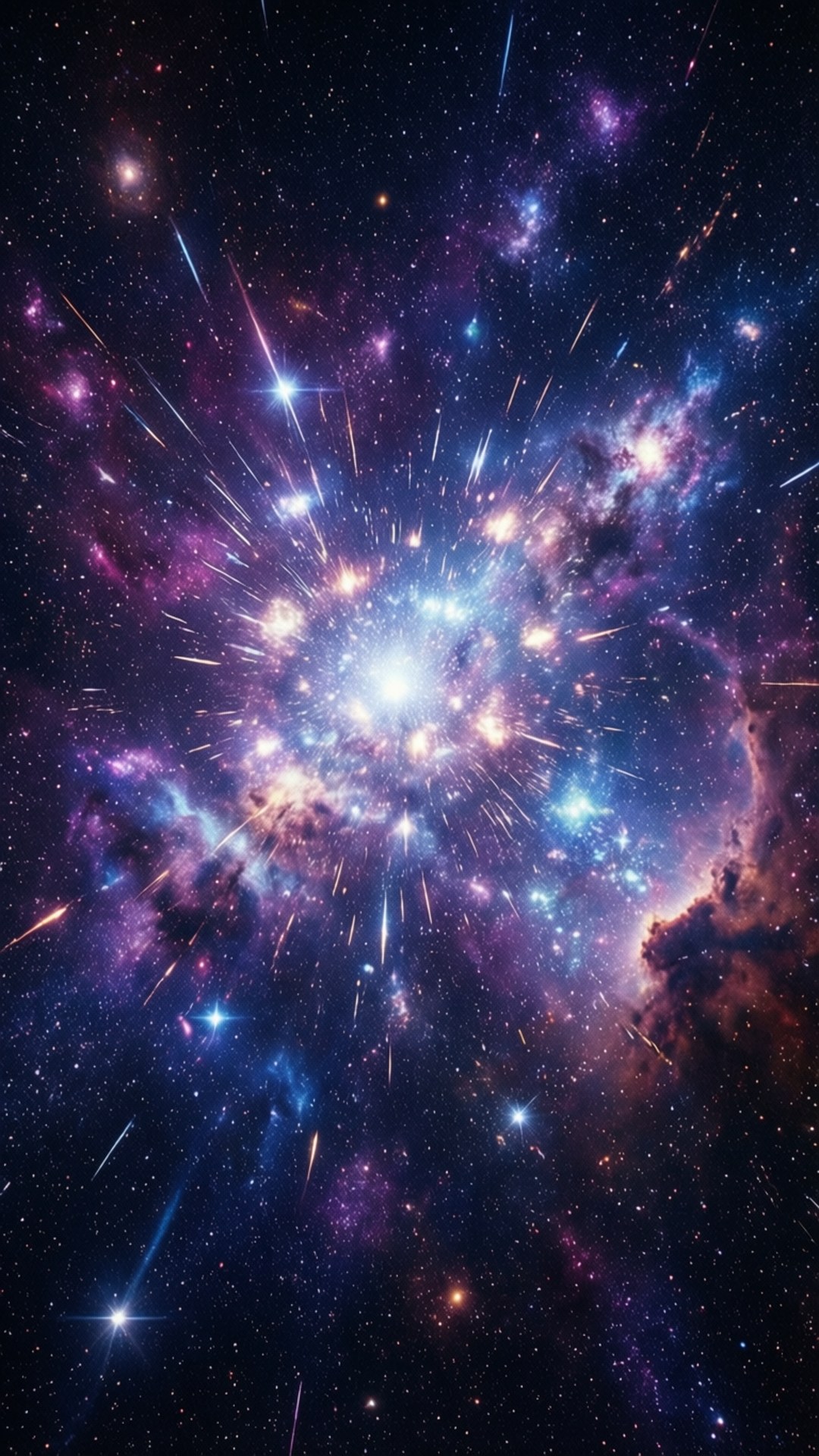 桌布 壁紙 — 一場耀眼的宇宙爆炸，在星空的背景下，透過旋轉的紫色、藍色和粉紅色星雲散發出燦爛的光芒。