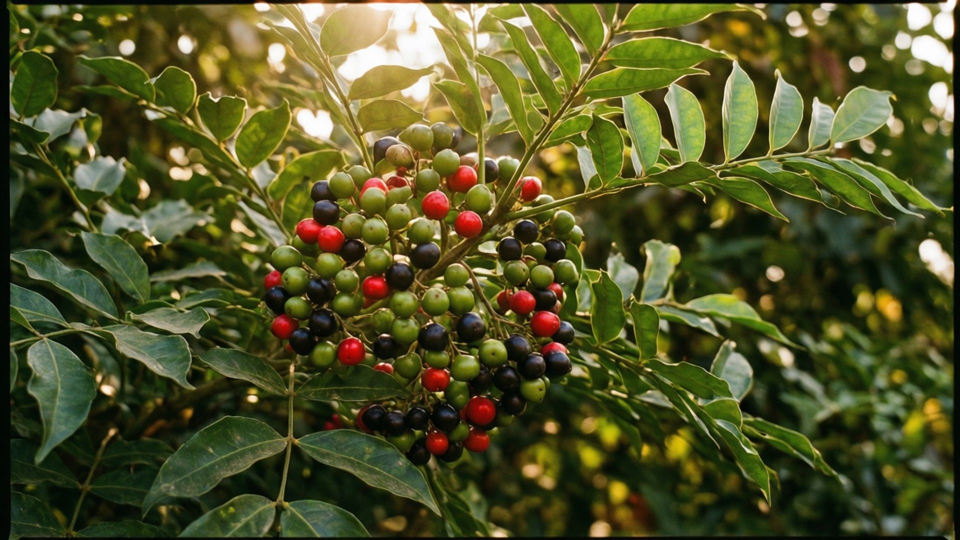 紅色、黑色和綠色的漿果在樹枝上成熟，陽光穿過樹葉照射進來。