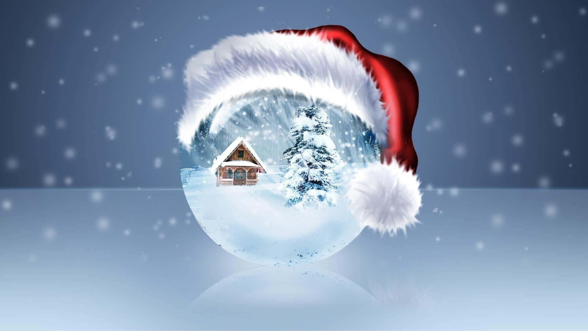  壁紙 — 一頂喜慶的紅白聖誕帽框住了一個雪球，裏面有舒適的小木屋和松樹，雪花飄落。