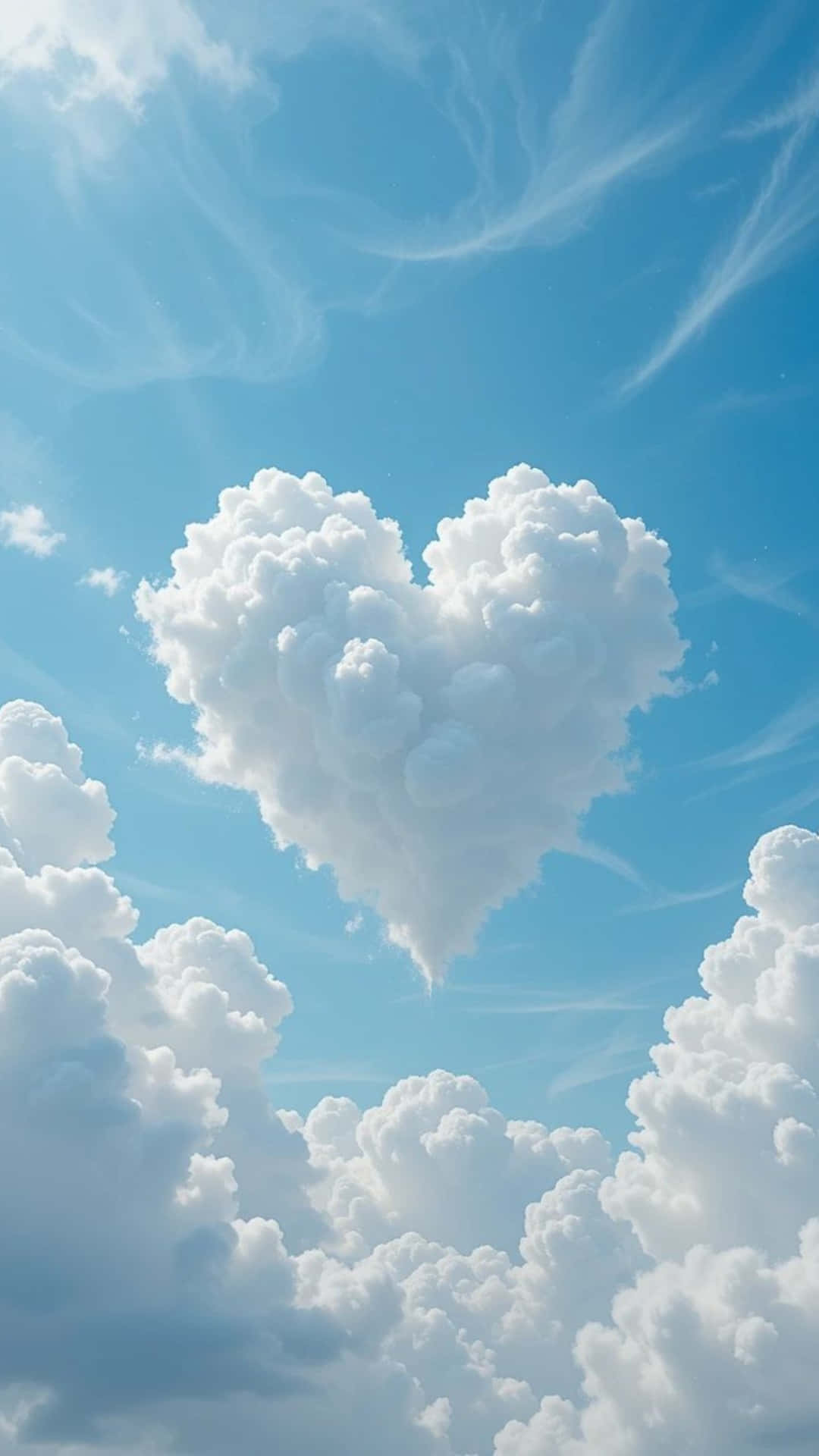  壁紙 — 一朵蓬鬆的白色心形雲朵在帶有細小卷雲的鮮豔藍天中寧靜地漂浮。