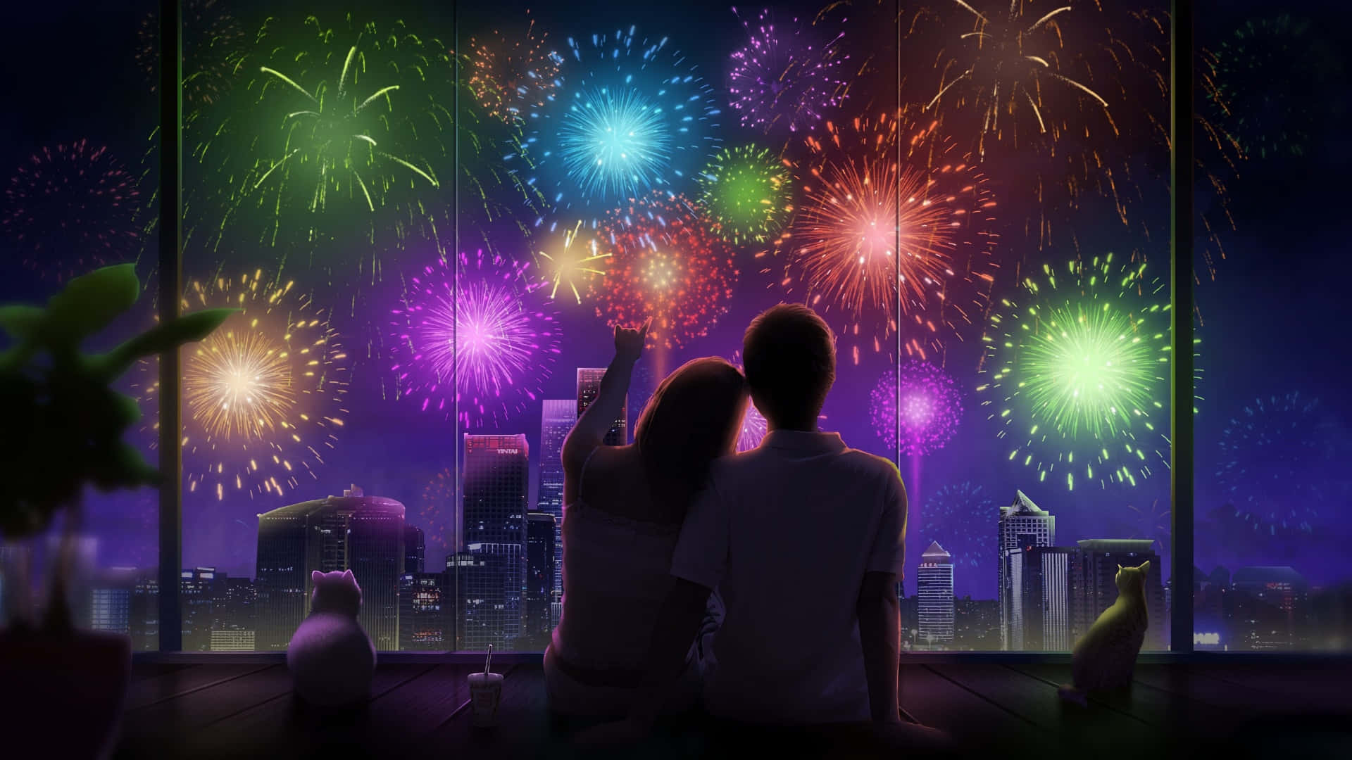  壁紙 — 一對情侶在陽台上擁抱，觀看夜空中閃爍的城市天際線上綻放的鮮豔煙火。