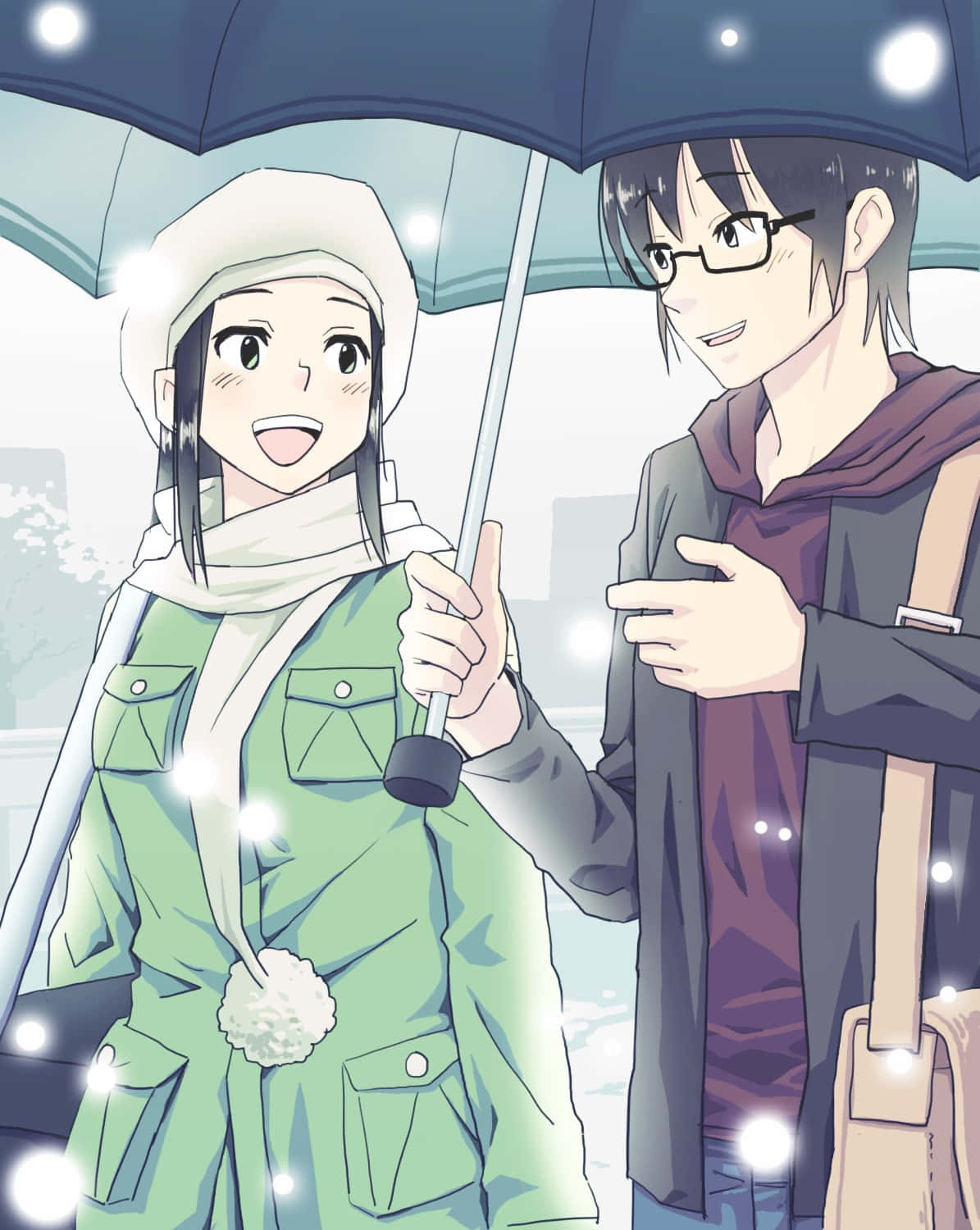 Satoru Fujinuma 桌布 壁紙 — 一對開心的動漫情侶在明亮的冬日場景中，在飄落的雪花下共用一把藍色雨傘。