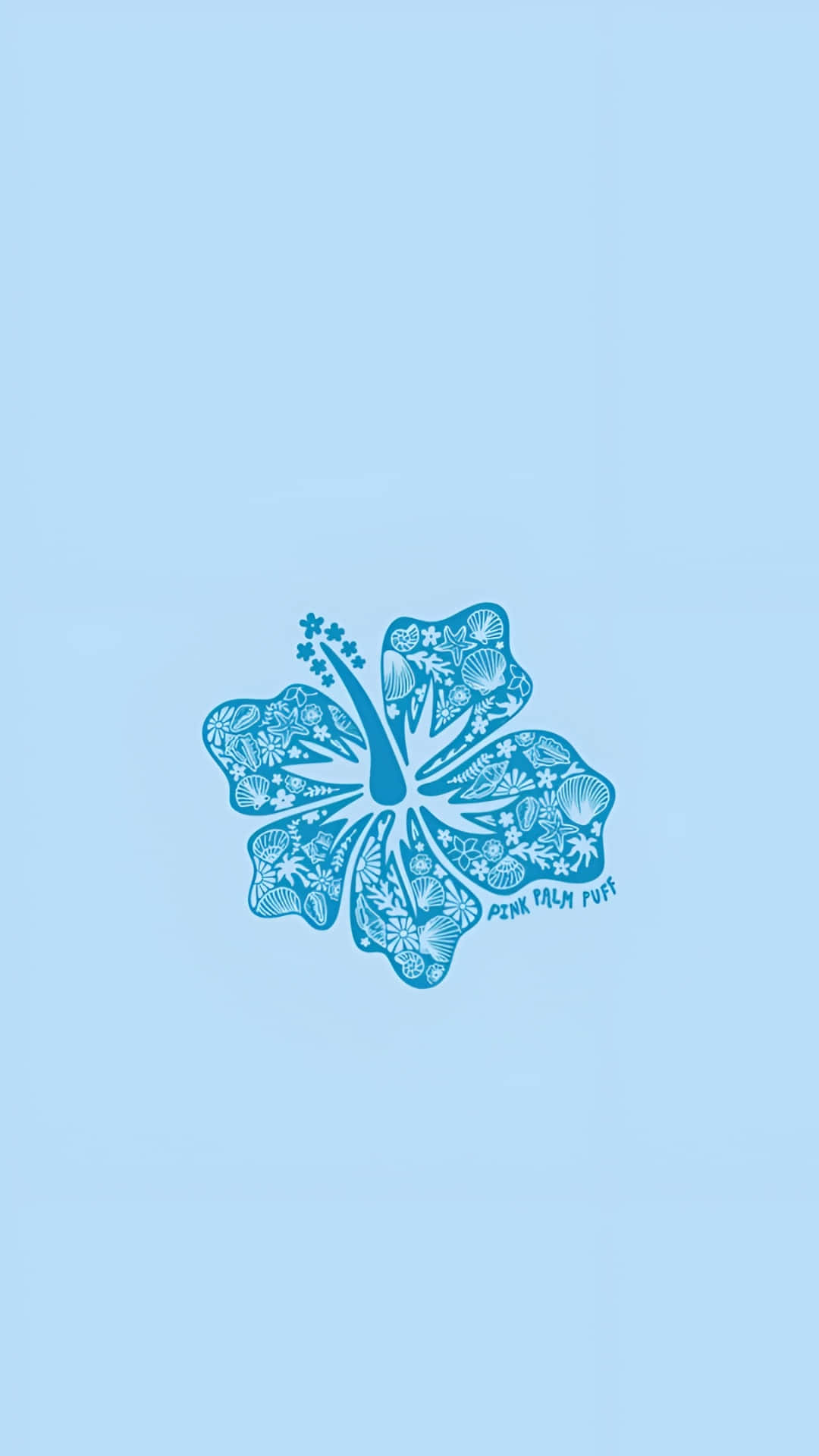  壁紙 — 一朵風格化的藍色芙蓉花，充滿精緻的貝殼和海星圖案，襯以柔和的天藍色背景。