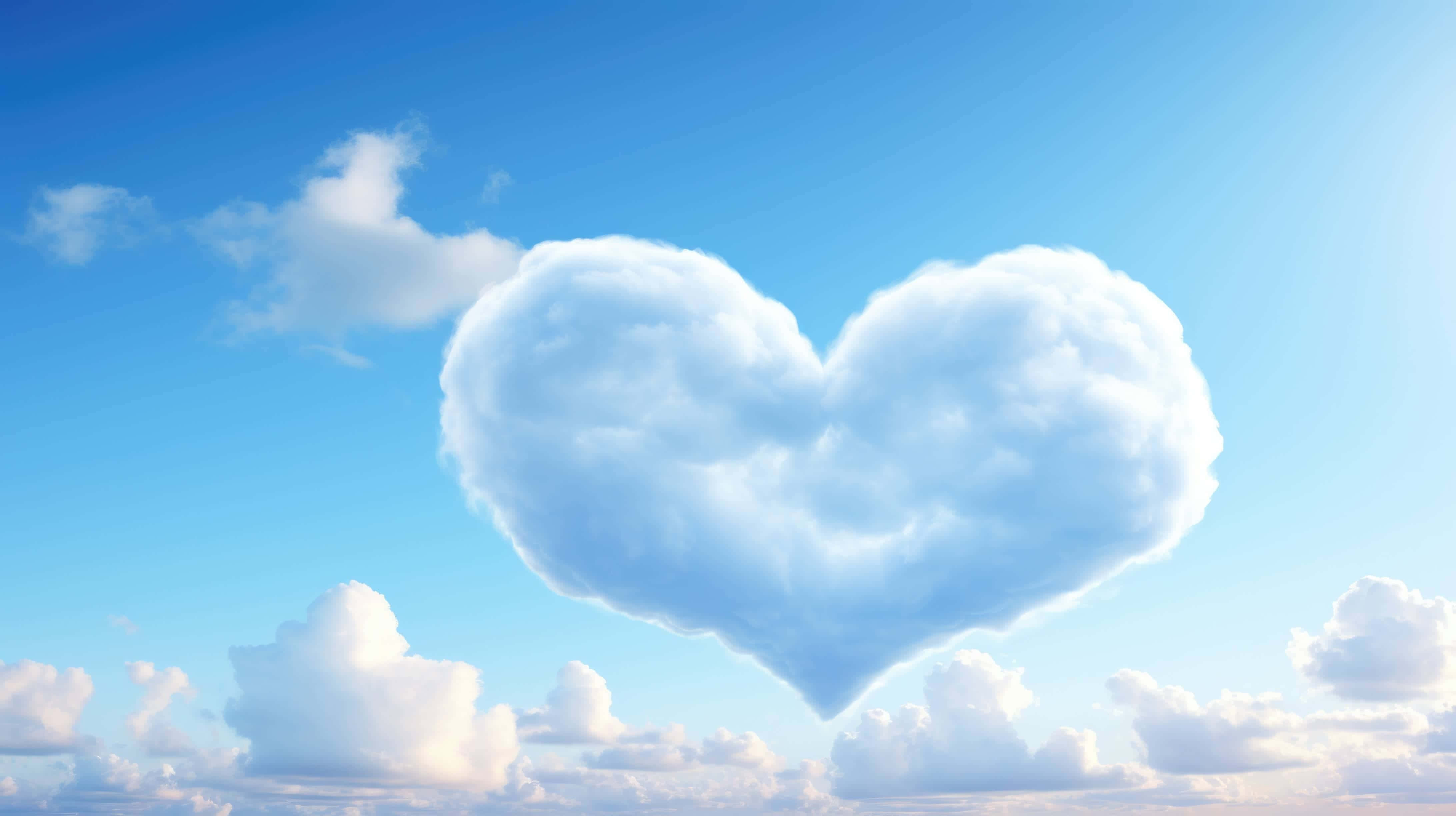 I Love God 桌布 壁紙 — 一朵蓬鬆的白色心形雲朵在晴朗的藍天中伴隨著柔和陽光靜靜漂浮。