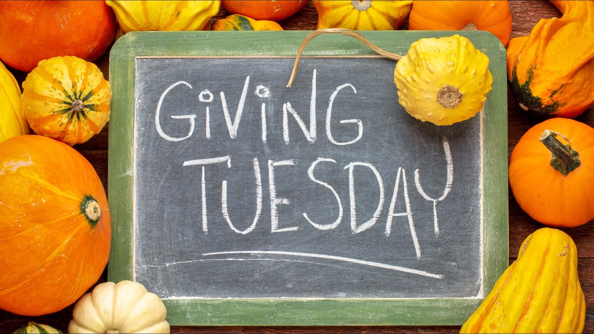  壁紙 — 一塊木質表面上，用白色粉筆寫著「Giving Tuesday」的黑板，周圍環繞著色彩繽紛的南瓜。