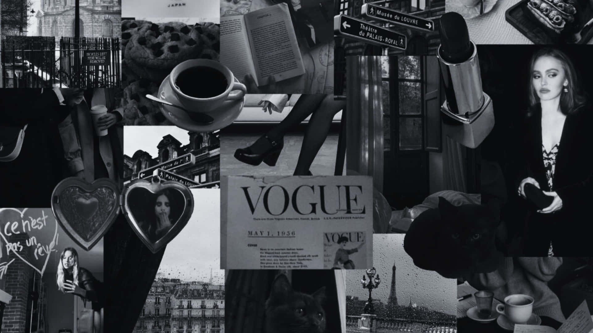  壁紙 — 一幅巴黎街牌、咖啡杯、Vogue 雜誌和時尚圖像的黑白拼貼畫，喚起復古時尚的優雅。