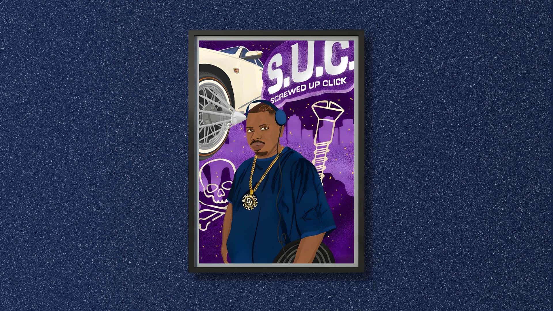  壁紙 — 一幅裱框插圖，描繪一名身穿藍色襯衫、戴著耳機的男子，背景為紫色，帶有汽車和骷髏圖案。