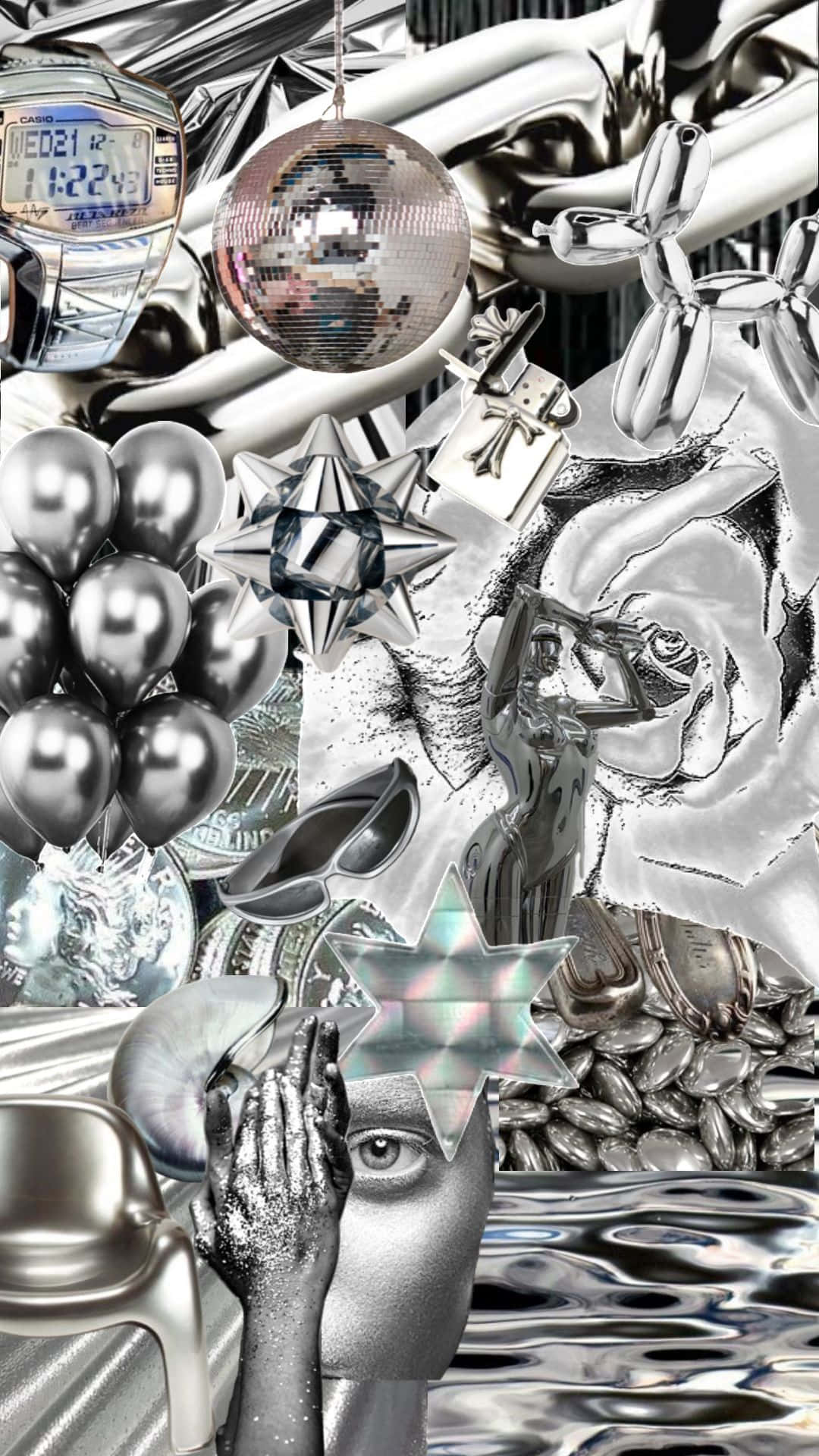  壁紙 — 一幅超現實的銀色拼貼畫，包含迪斯科球、氣球、手錶、星星和眼睛，周圍是金屬質感和反光表面。