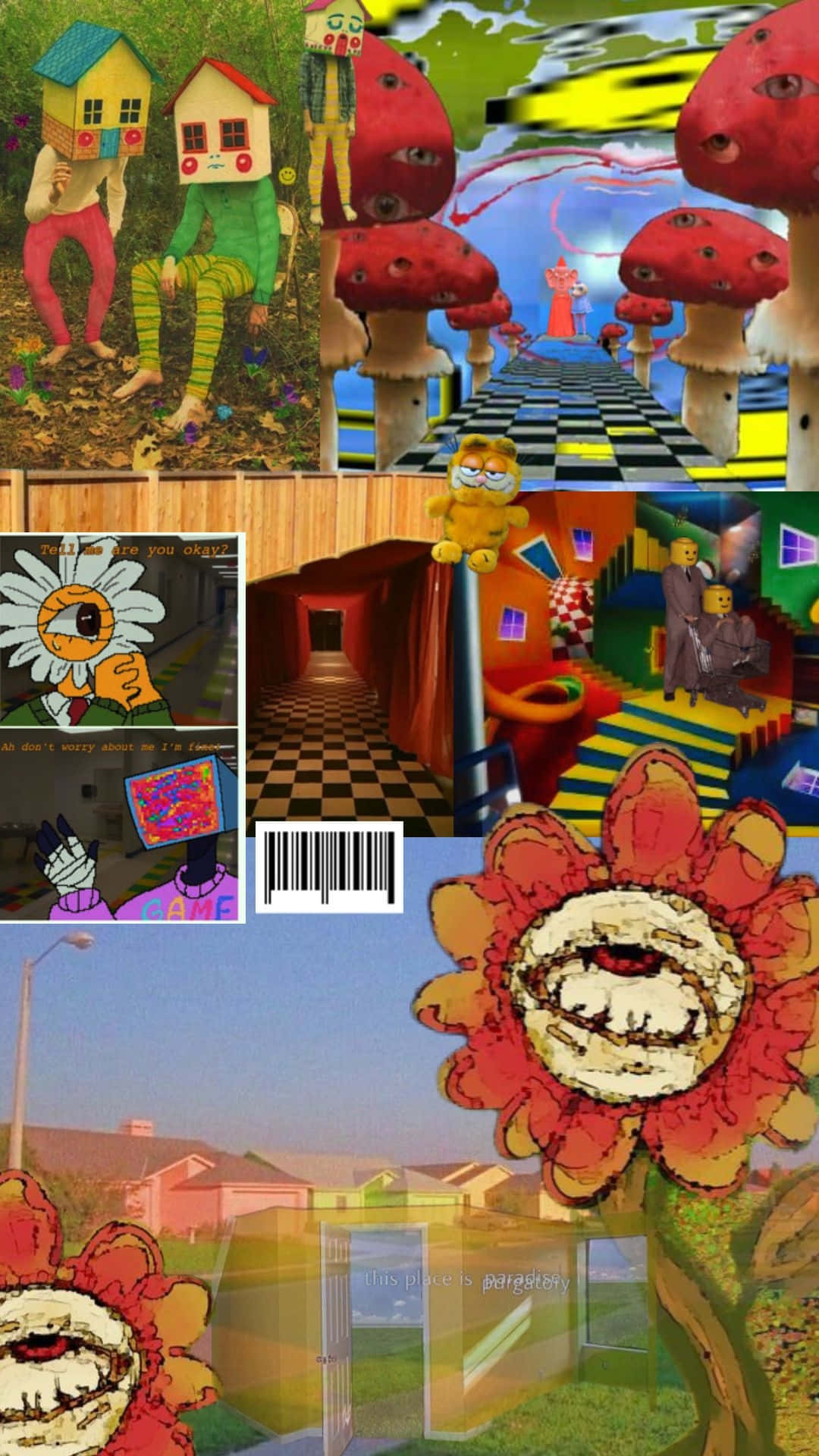  壁紙 — 一幅超現實拼貼畫，包含扭曲的卡通角色、巨型眼睛花，以及帶有棋盤格地板的故障3D房間。