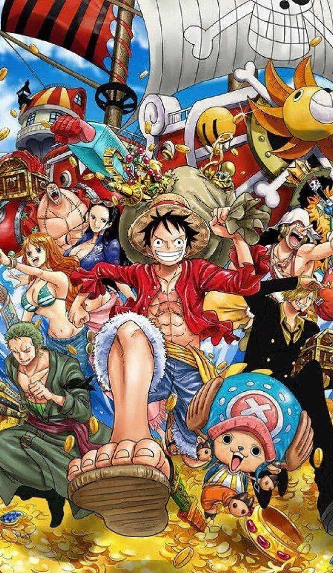 One Piece Christmas 桌布 壁紙 — 一幅充滿活力的動畫插圖，描繪草帽海賊團在明亮的藍天下用金幣和他們的船慶祝。