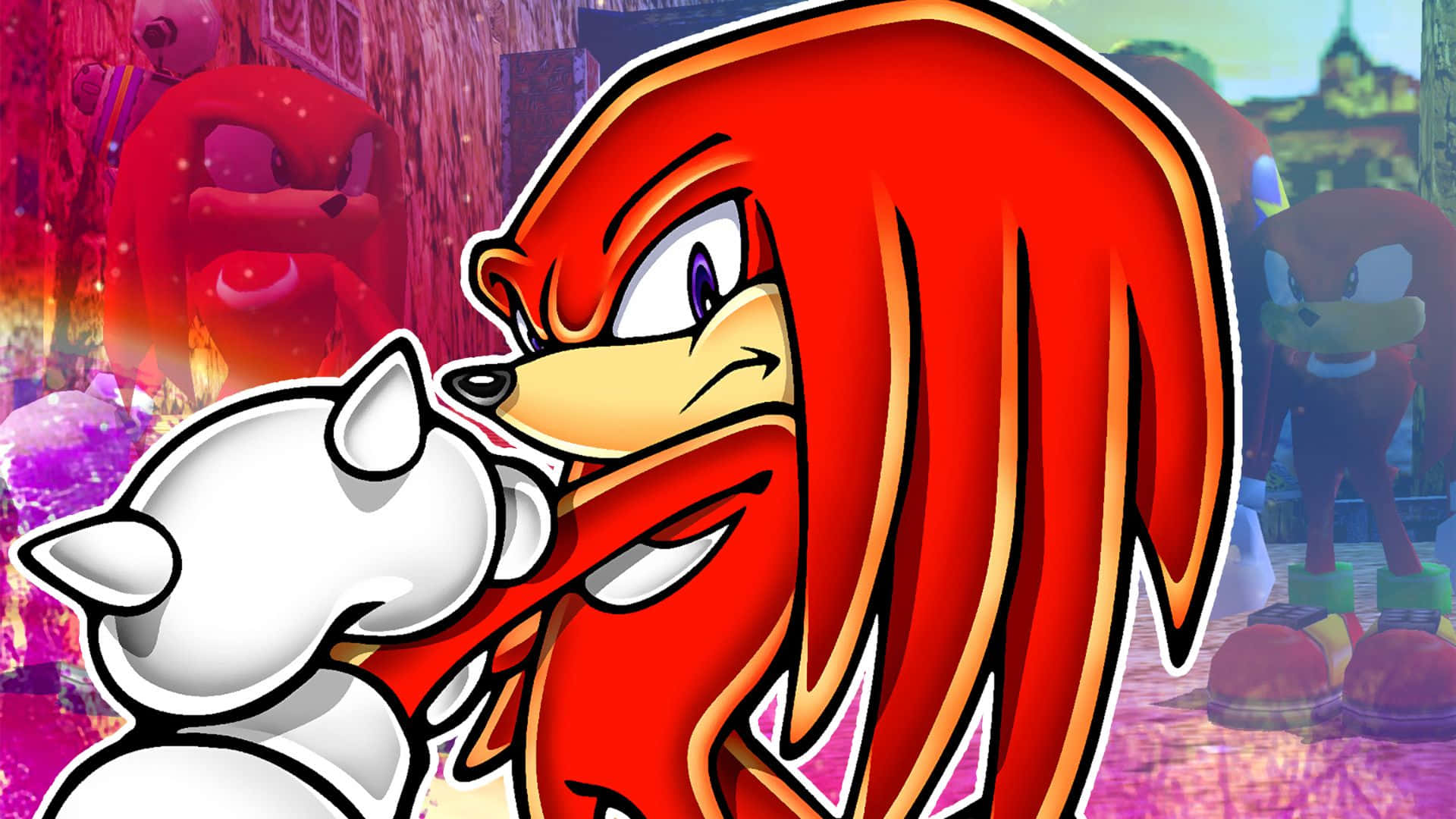  壁紙 — 一幅充滿活力的動漫風格插圖，描繪了納克魯斯（Knuckles the Echidna）抱著一隻白色狐狸般的生物，露出頑皮的笑容。