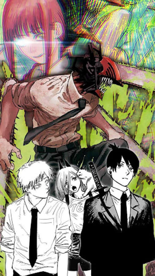 Chainsaw Man iPhone 桌布 壁紙 — 一幅充滿活力的動漫拼貼畫， featuring 一個紅髮女孩、一個怪物般的生物和三個黑白角色，擺出動態姿勢。