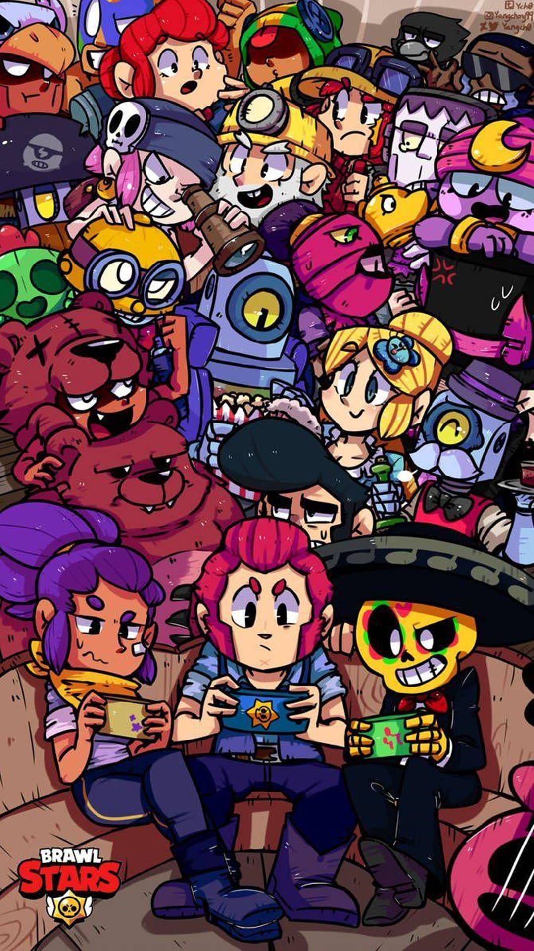 Brawl Stars 角色聚集在色彩繽紛的卡通場景中。