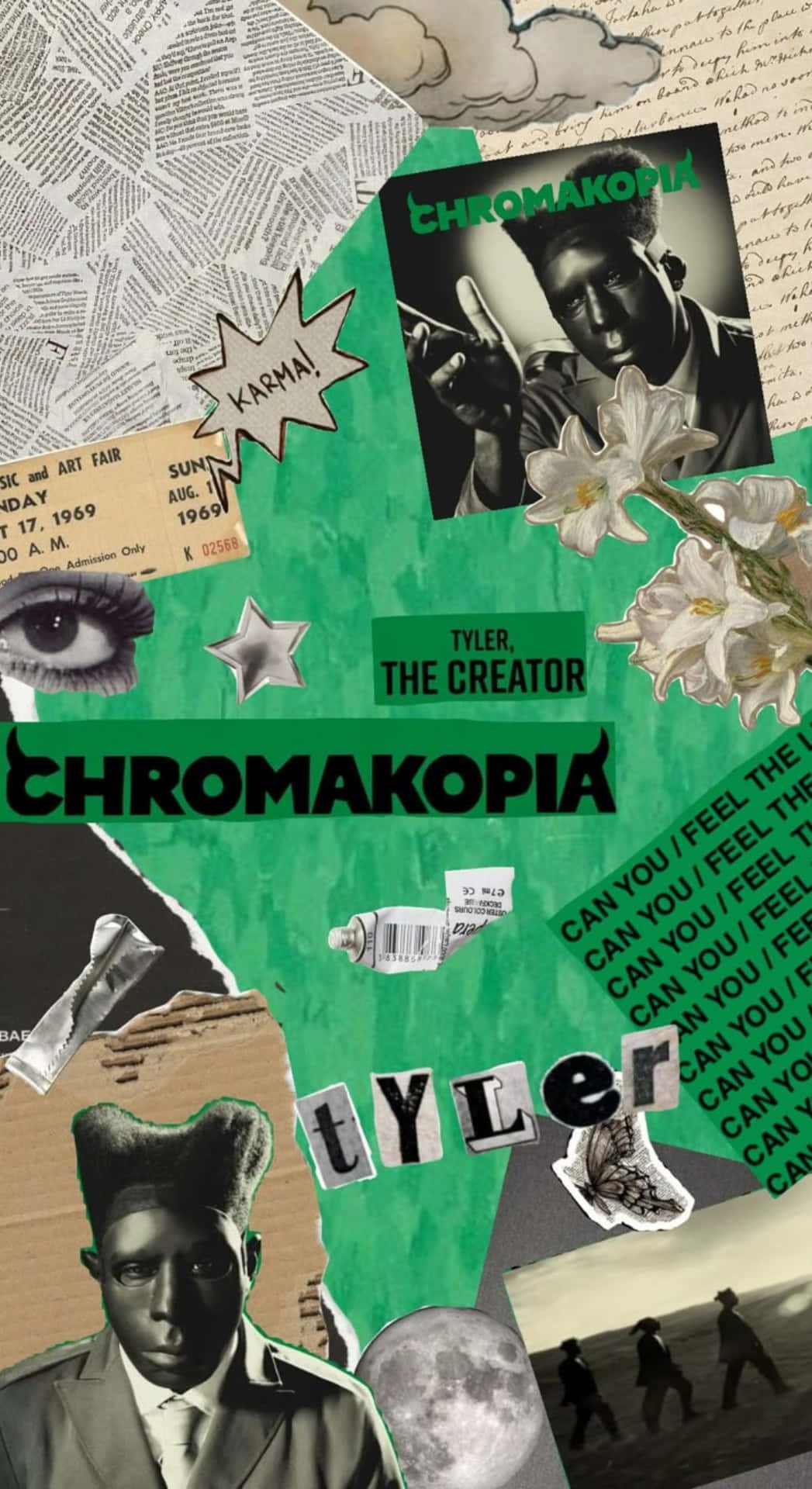  壁紙 — 一幅充滿活力的綠色拼貼畫， featuring Tyler the Creator 的專輯 Chromakopia，包含報紙剪報、花朵和流行文化圖像。