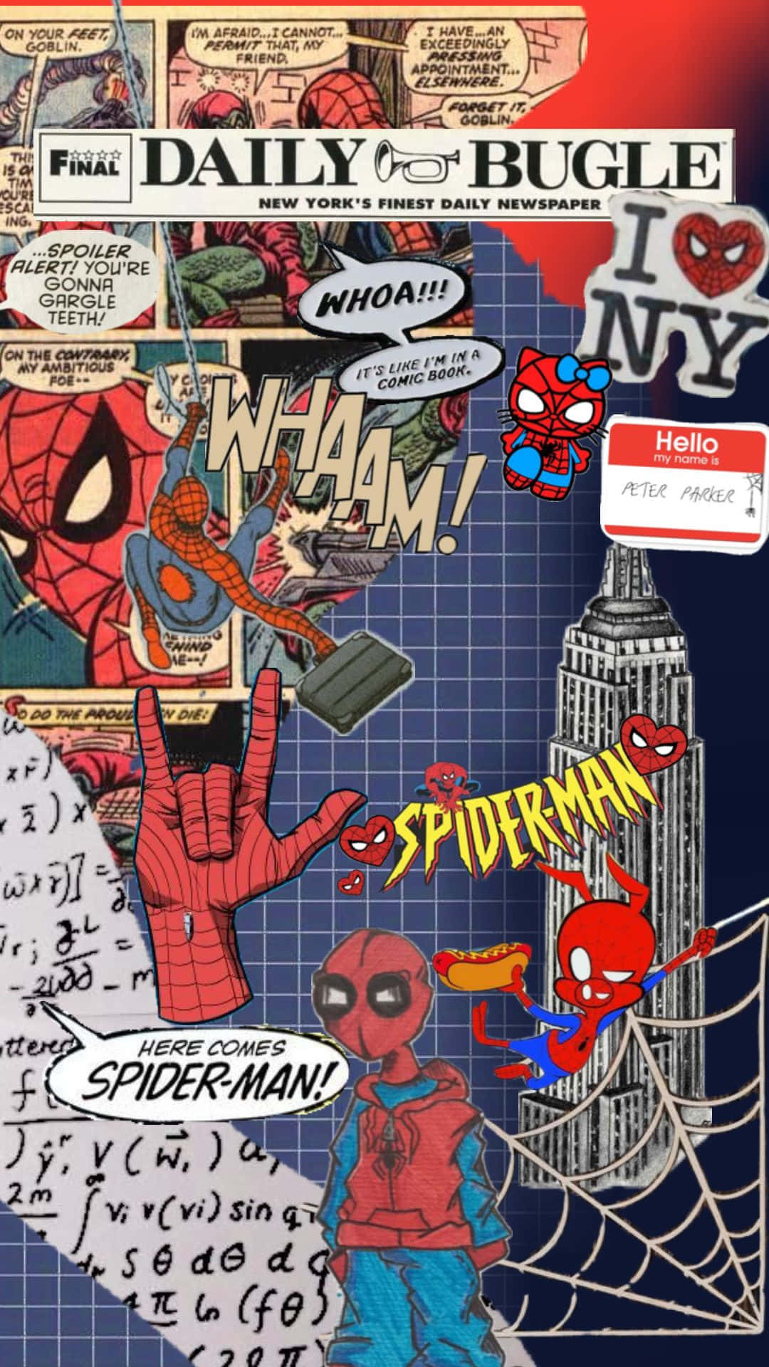 Daily Bugle 桌布 壁紙 — 一幅充滿活力的漫畫拼貼畫，蜘蛛俠以多種動態姿勢出現在紐約天際線背景下，並帶有報紙頭條和數學方程式。