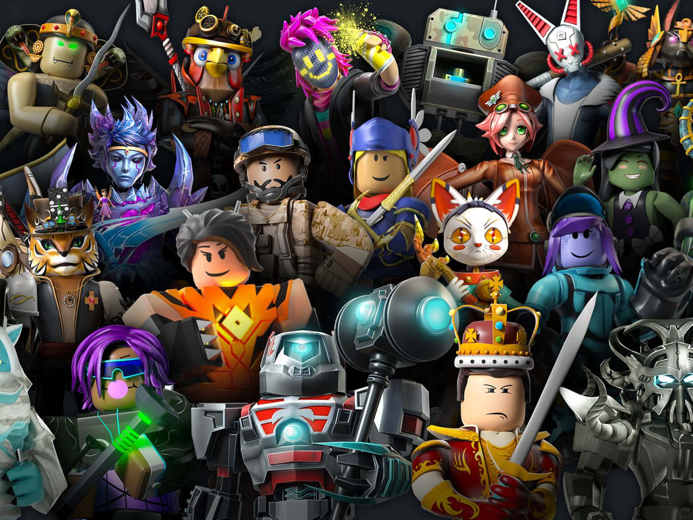 一群密集的 Roblox 遊戲角色，手持武器並穿著服裝。