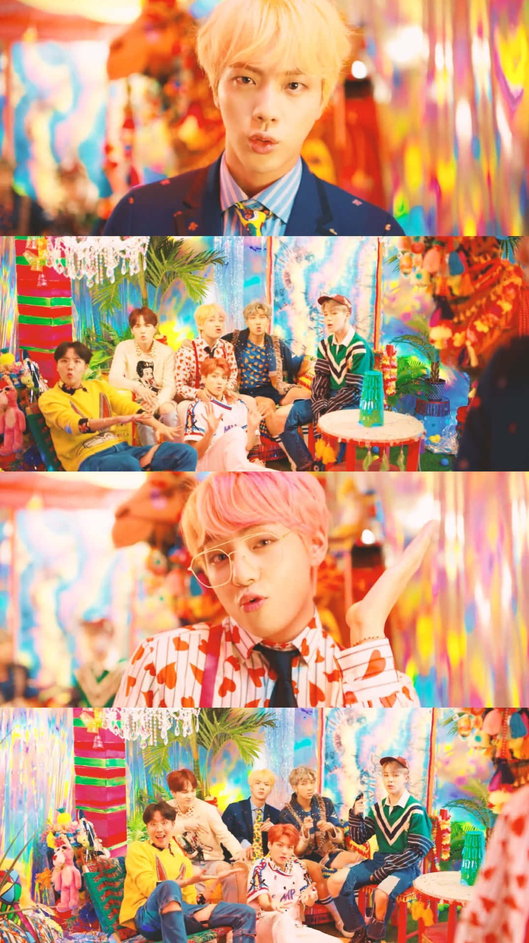 K-pop 團體在明亮多彩的房間裡，搭配熱帶裝飾和閃爍的燈光。