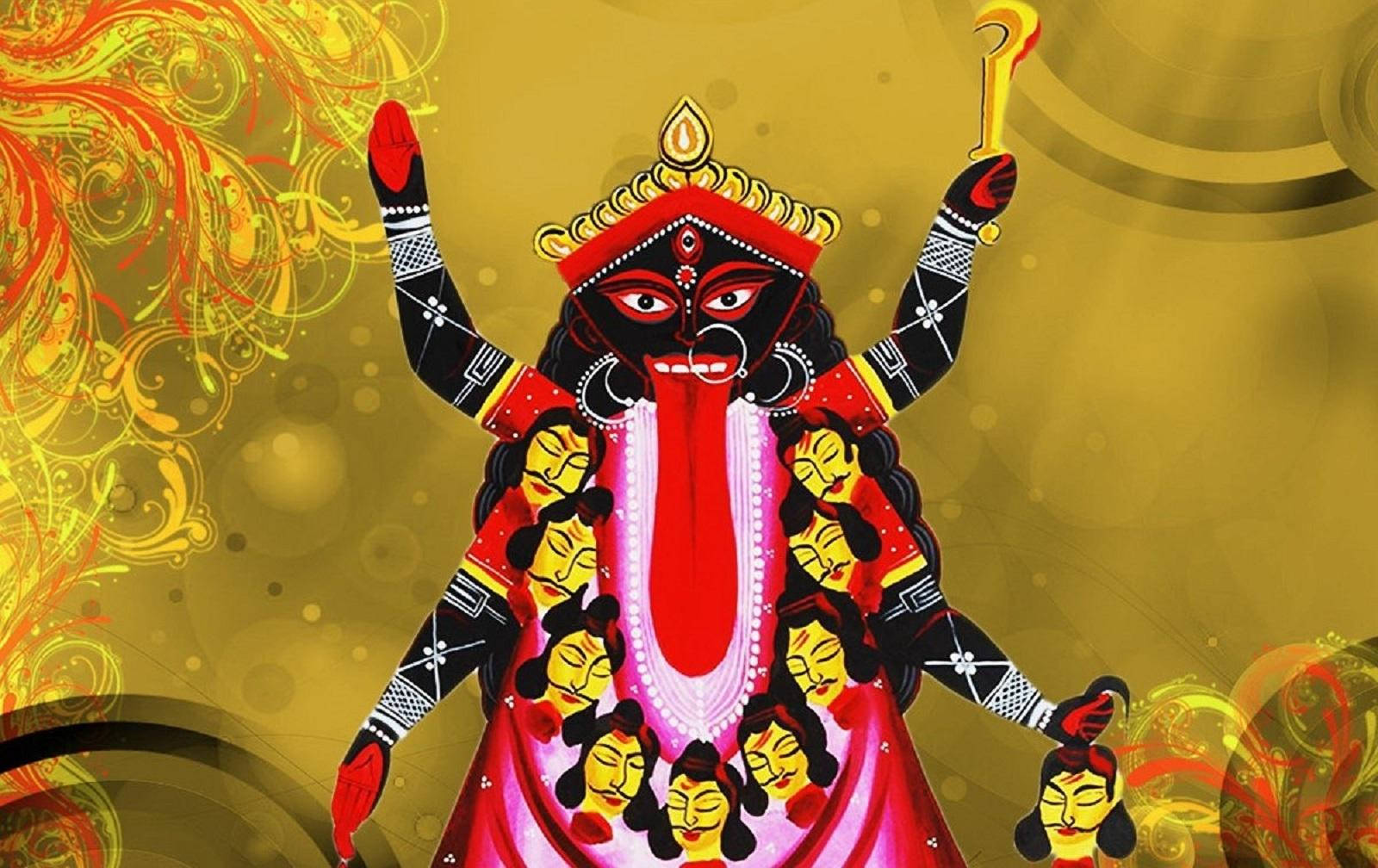 印度教女神杜爾迦（Durga）多臂多面的彩色插圖。