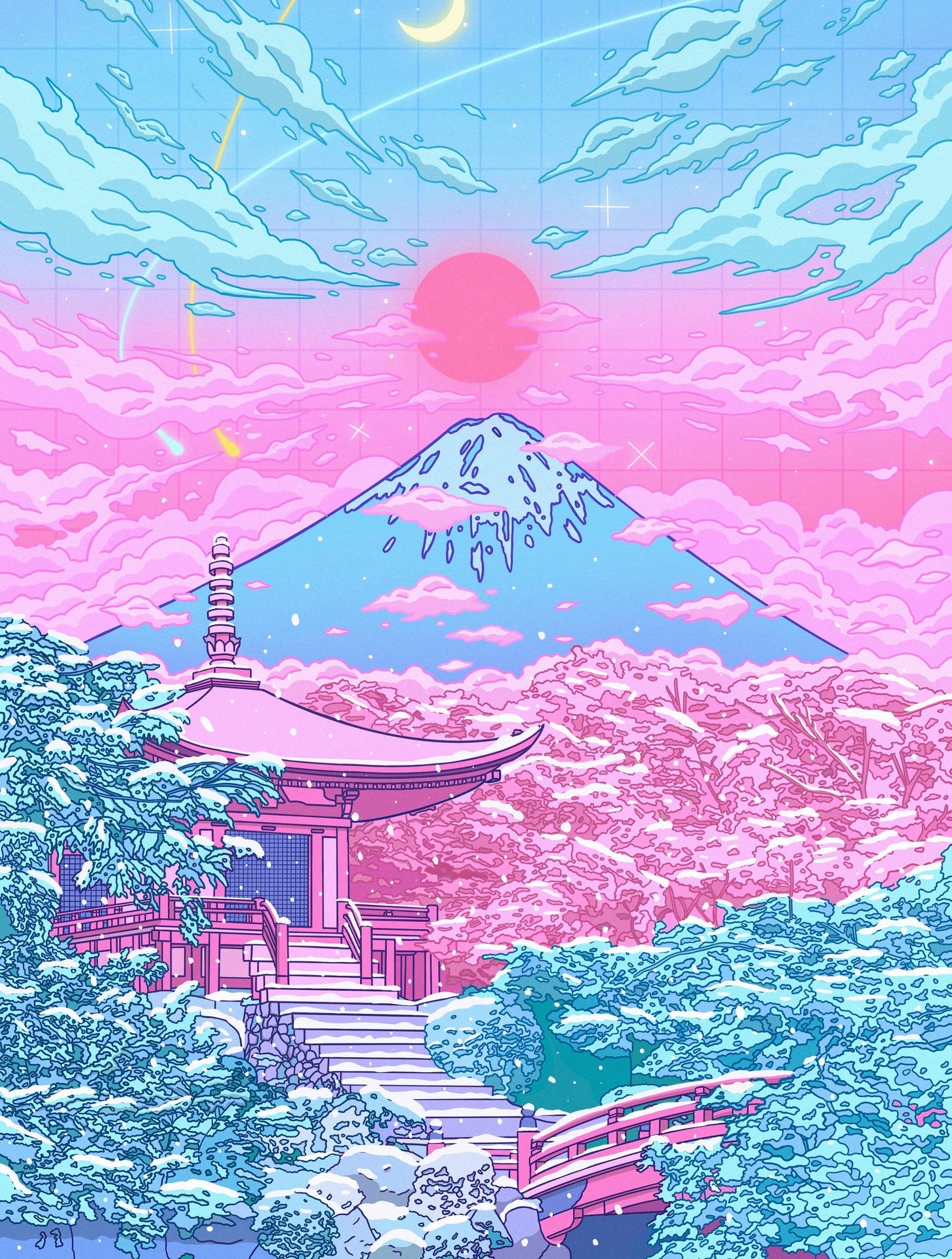 一幅粉紅色和藍色的數碼插圖，描繪了雪山下寺廟和橋樑，帶有紅色的太陽和彎月。