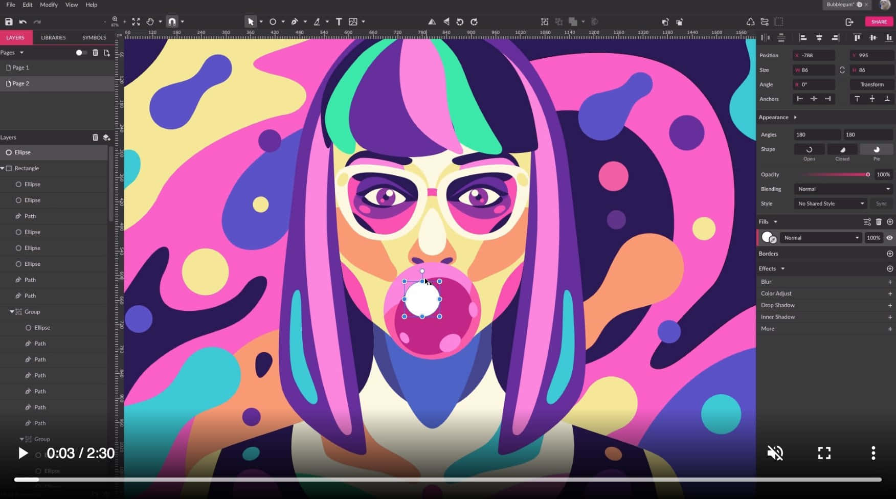 graphic design 桌布 壁紙 — 一幅充滿活力的數碼插圖，描繪一個擁有彩色頭髮的人，在迷幻抽象背景前吹著泡泡糖泡泡。