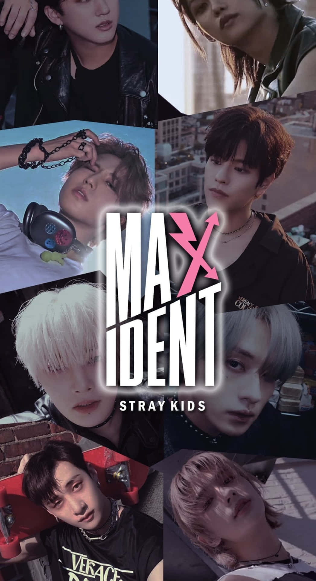  壁紙 — 一幅充滿活力的Stray Kids成員拼貼畫，展現前衛都市風格姿勢，並帶有醒目的粉紅色和白色「MAXIDENT」文字疊加。