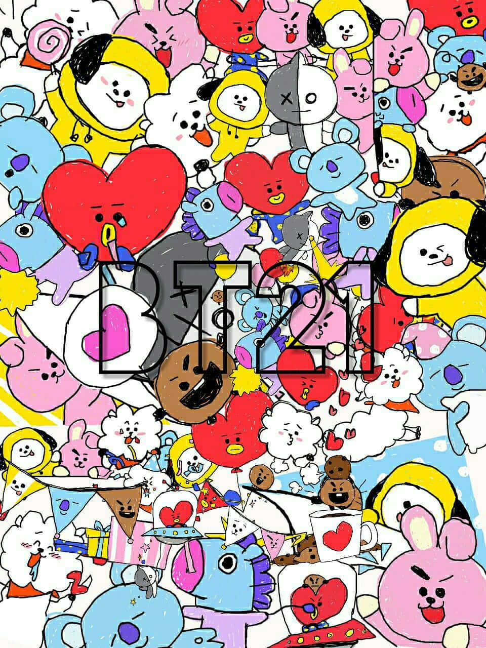 BT21卡通人物在色彩繽紛的派對場景中，有心形和氣球。
