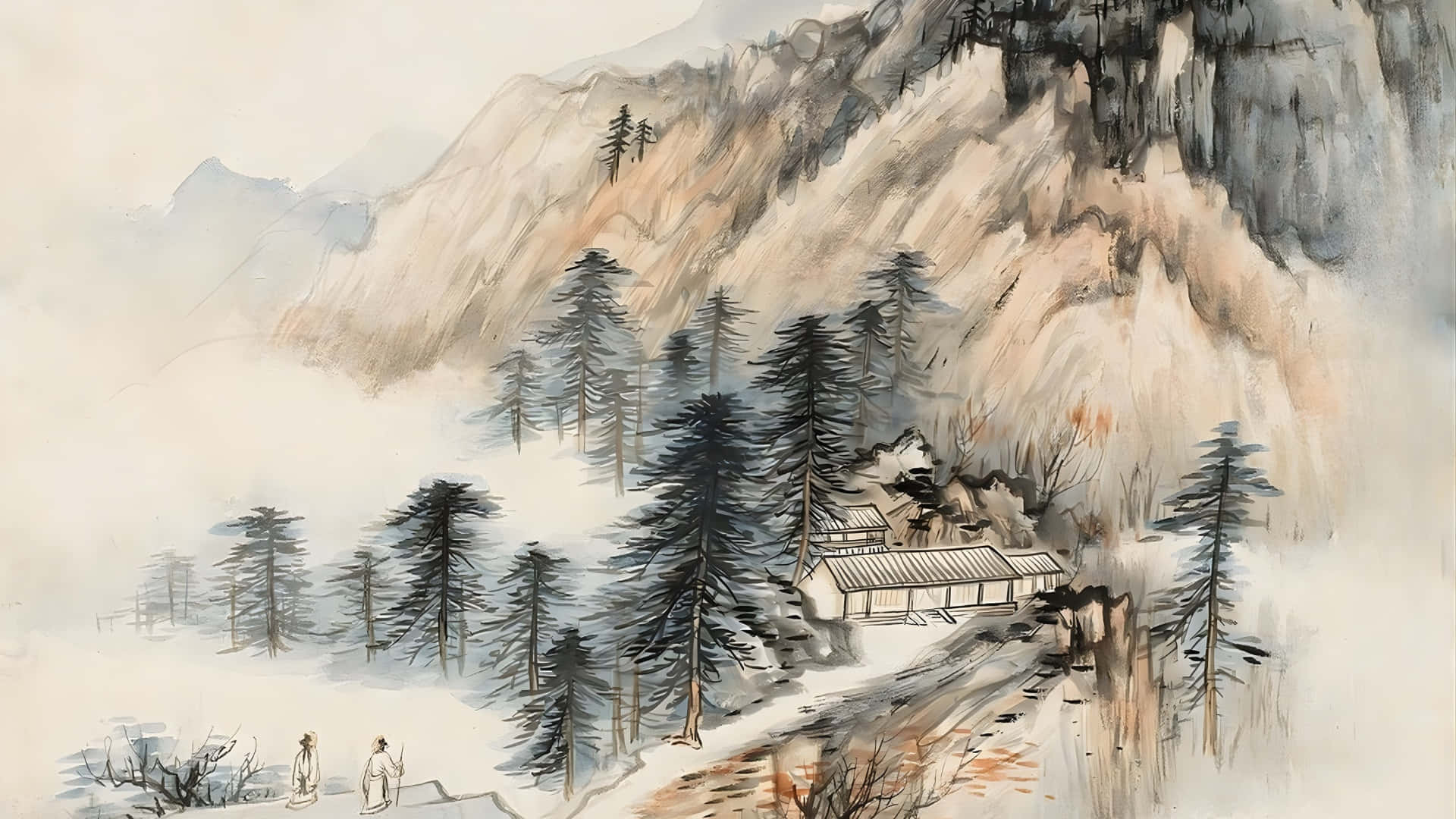  壁紙 — 一幅傳統水墨畫描繪了兩個人走向一座隱藏在松樹和雲霧繚繞的山峰之間的僻靜山間小屋。