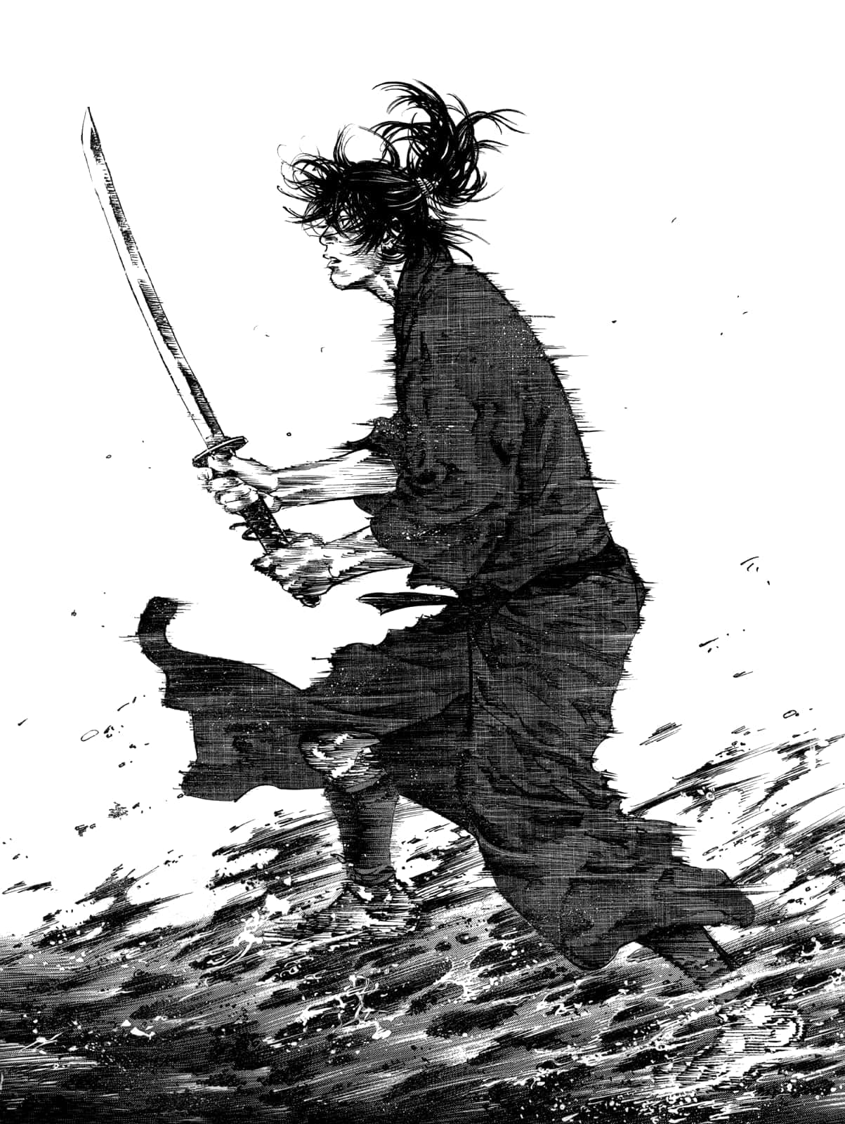  壁紙 — 一幅動態黑白插圖，描繪一名武士戰士大步向前，揮舞武士刀穿過飛濺的水花。