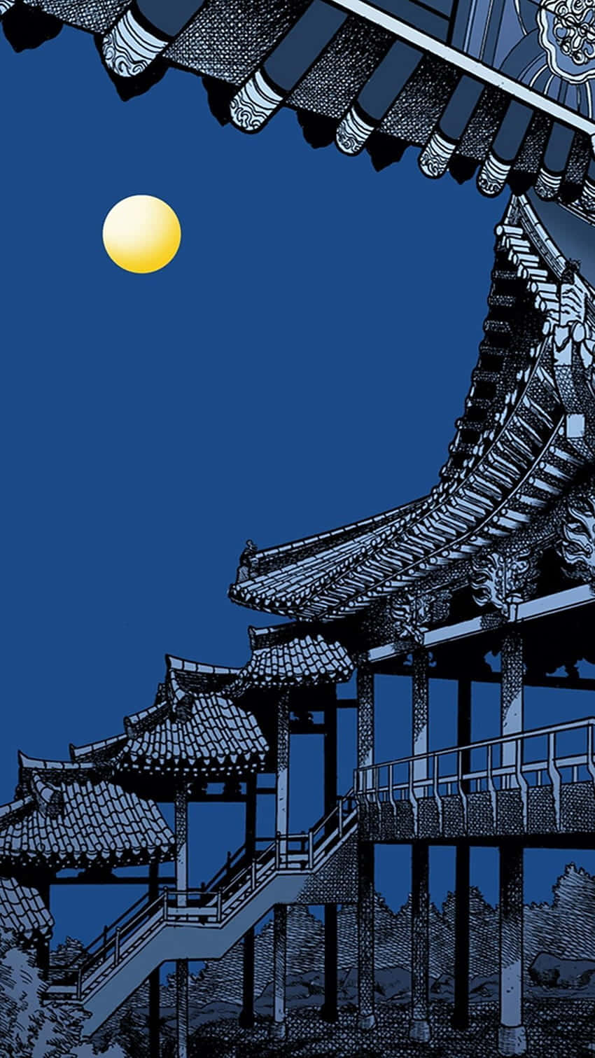  壁紙 — 一幅風格化的插圖，描繪在深藍色夜空下，一輪明亮的黃色月亮照耀著傳統東亞建築。