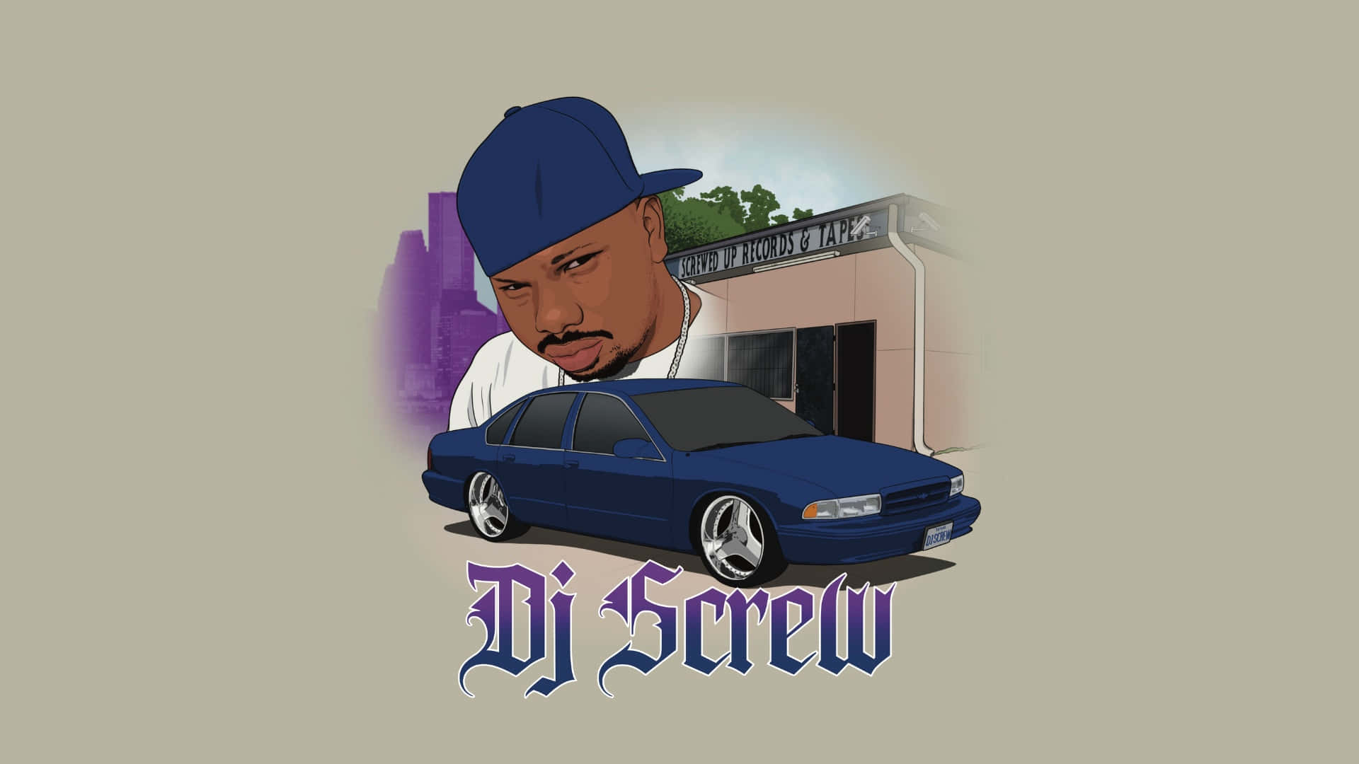  壁紙 — 一幅風格化的插圖，描繪了DJ Screw，前面有一輛藍色轎車，背景是建築物和陰天。
