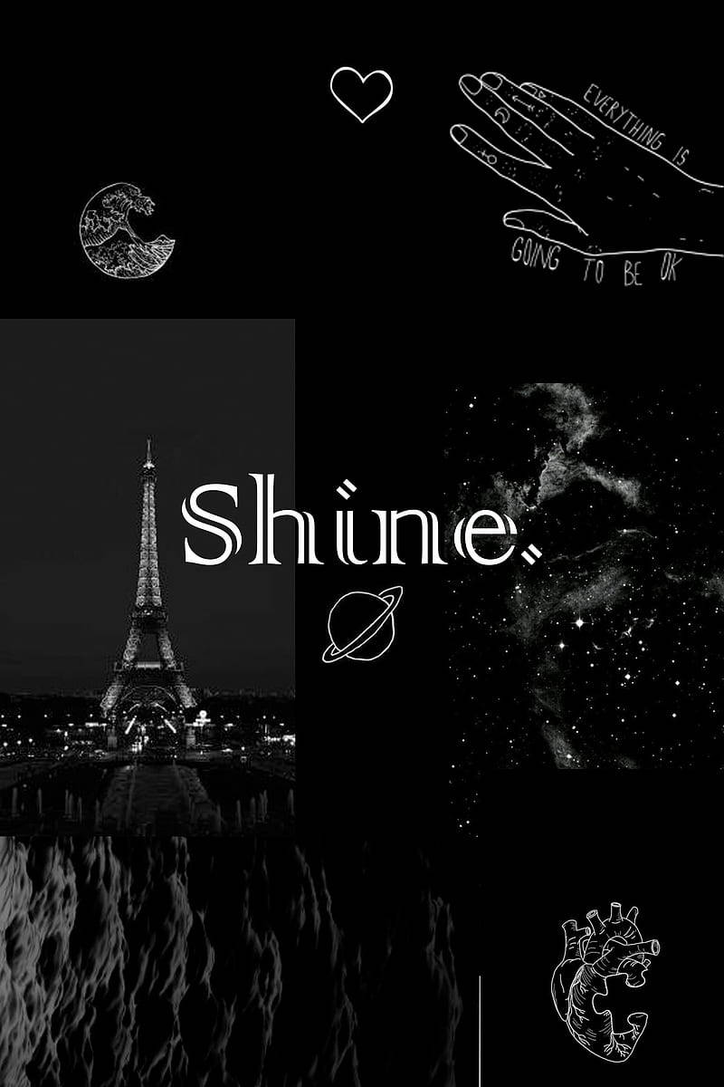 極簡黑白拼貼畫，包含艾菲爾鐵塔、太空和勵志文字。