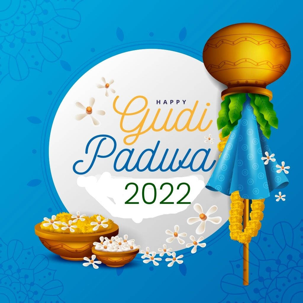 Gudi Padwa 2022 節日插圖，金色古迪、花卉碗和白色花朵在藍色背景上。