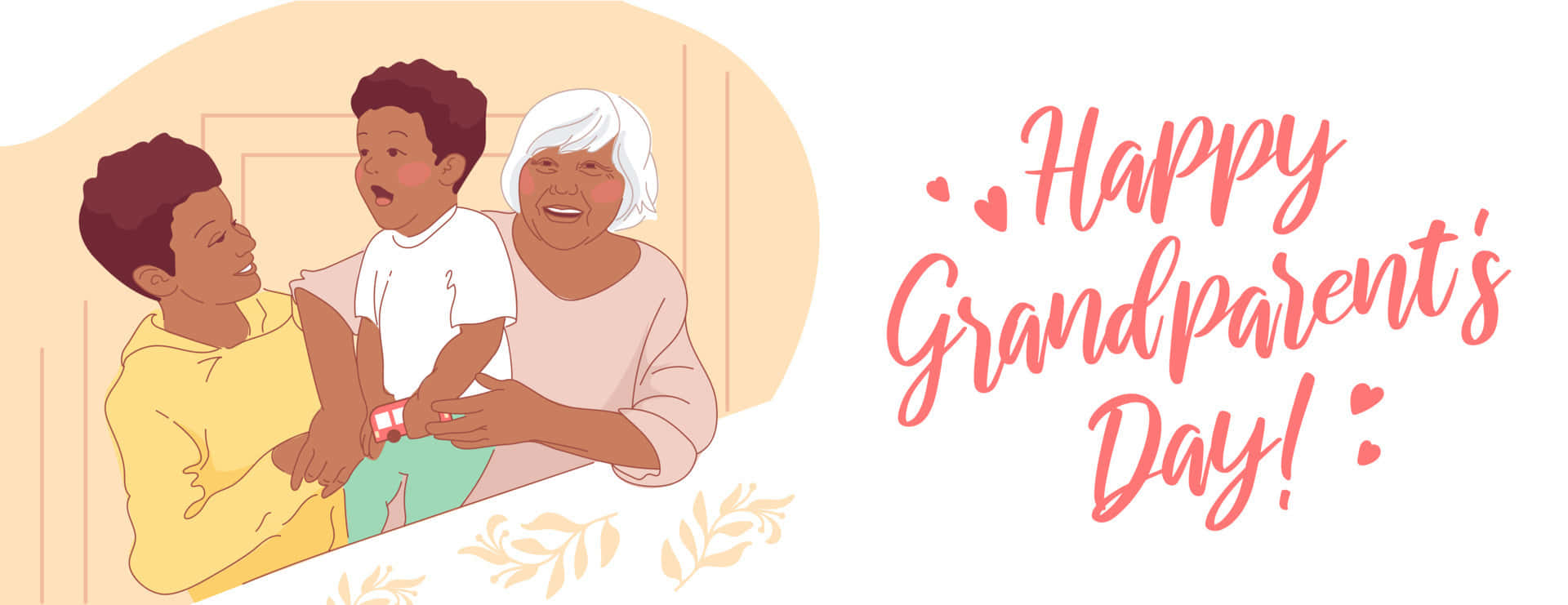  壁紙 — 一幅快樂的插圖，描繪一位祖母和兩個孫兒一起微笑，並帶有「Happy Grandparent's Day!」文字。