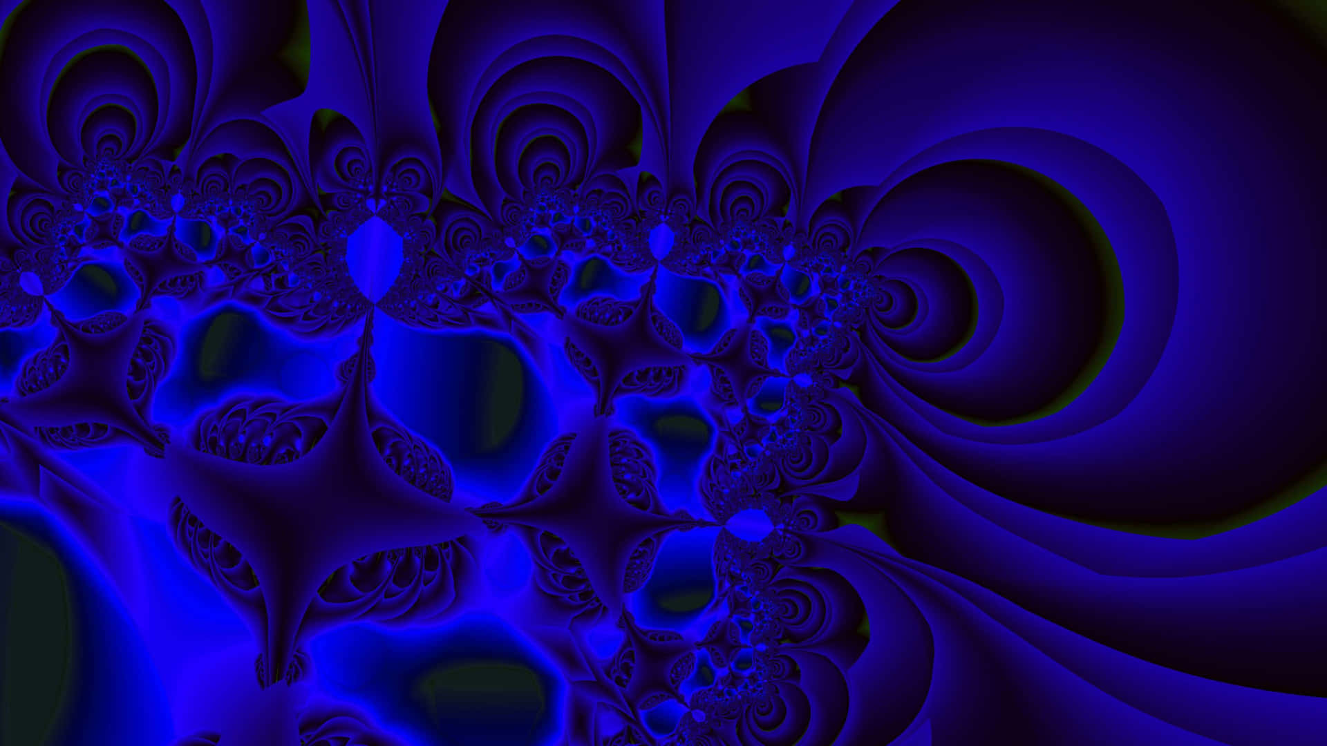  壁紙 — 一幅迷人的數碼分形藝術作品，採用深藍色和紫色調，帶有漩渦狀有機圖案和發光高光。