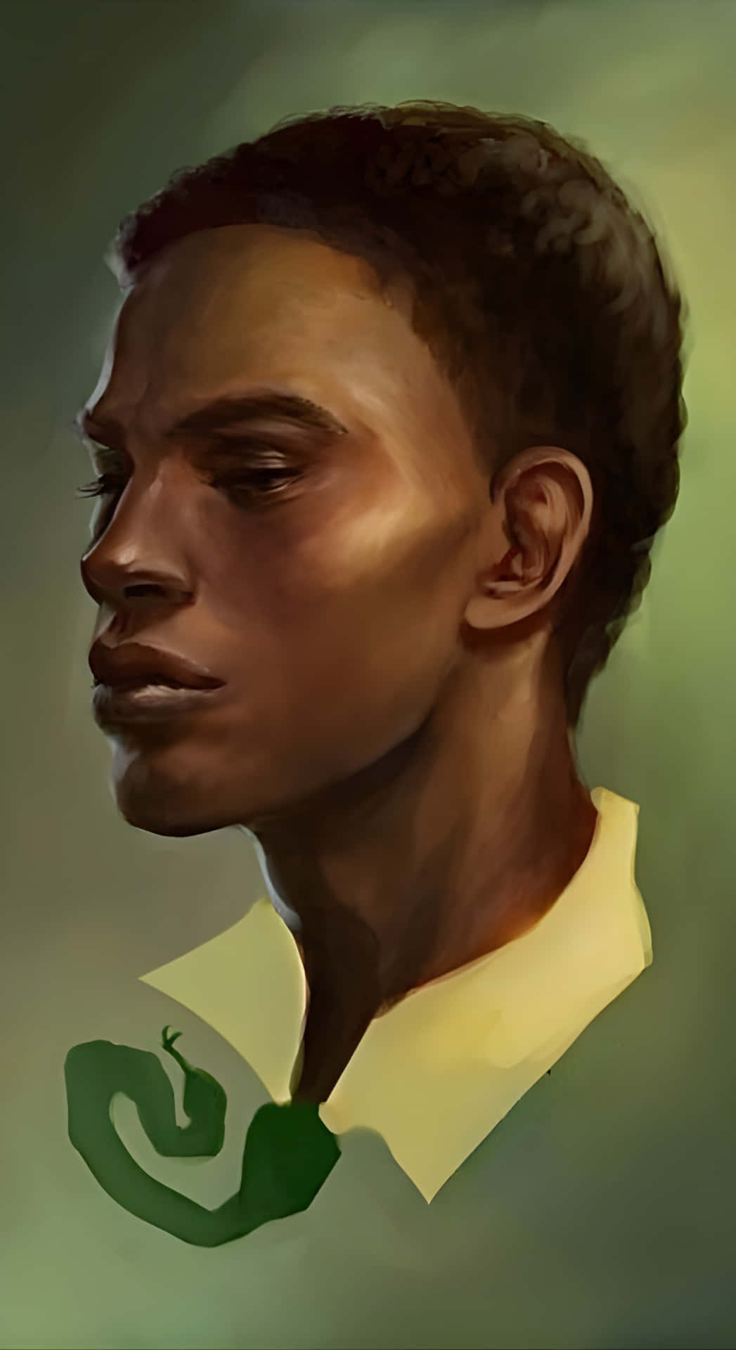  壁紙 — 一幅描繪年輕男子側面肖像的畫作，身穿綠色襯衫，領口有蛇形標誌。
