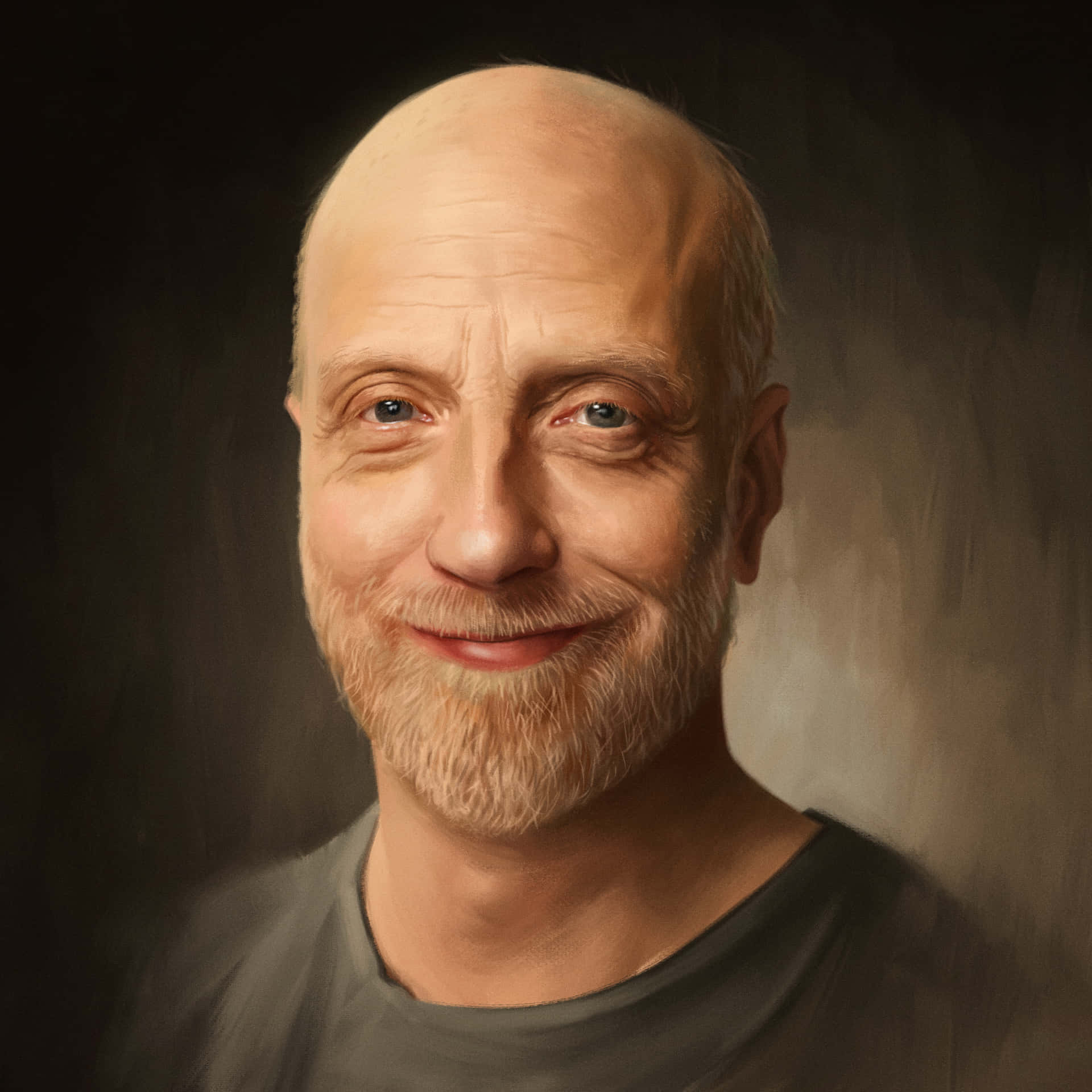  壁紙 — 一幅溫暖燈光下的油畫肖像，描繪一位禿頭、留著灰白鬍鬚的男子，在深色漸變背景前溫柔微笑。