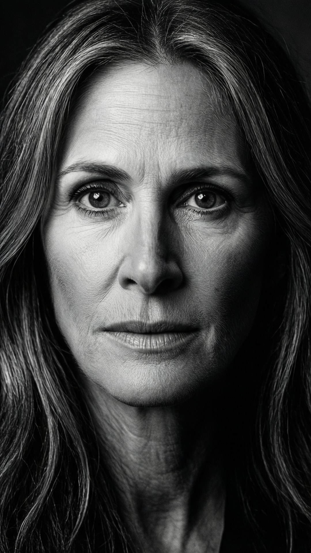 Julia Roberts 桌布 壁紙 — 一幅引人注目的黑白肖像，捕捉了一位眼神銳利、柔和光線突顯面部特徵的女性。