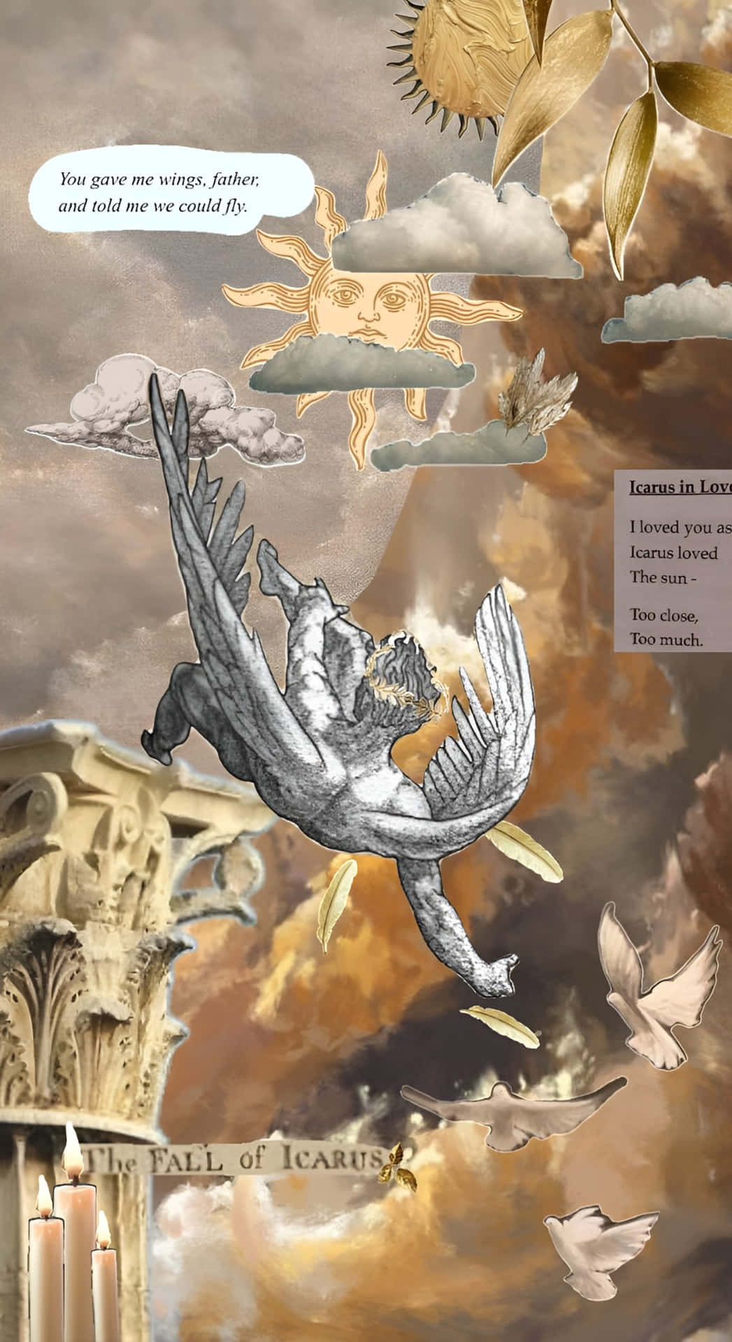 壁紙 — 一幅神話插圖，描繪伊卡洛斯從天空墜落，翅膀融化，太陽從上方注視。