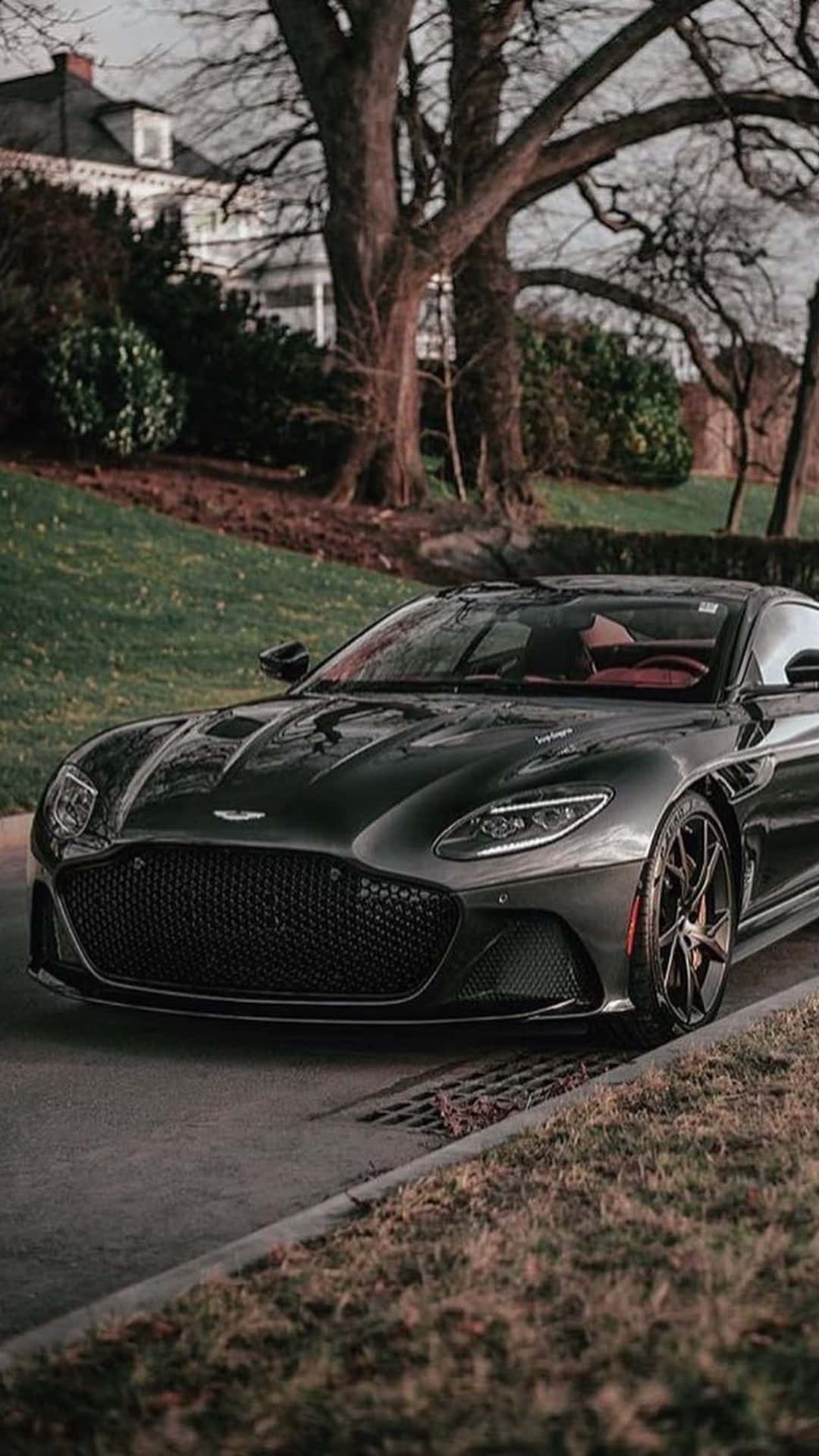 Aston Martin Dbs Superleggera 桌布 壁紙 — 一架時尚的啞光黑色阿斯頓馬丁跑車停泊在車道上，旁邊是光禿禿的樹木和修剪整齊的草坪。