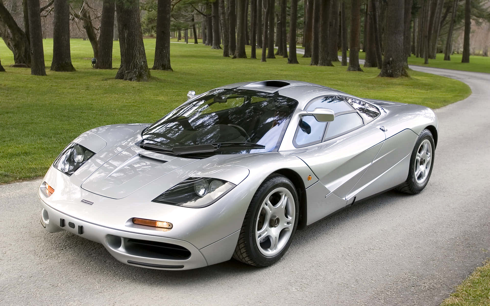 Mclaren F1 桌布 壁紙 — 一架時尚的銀色McLaren F1超級跑車停泊在蜿蜒的林蔭大道上，周圍有茂密的綠草。